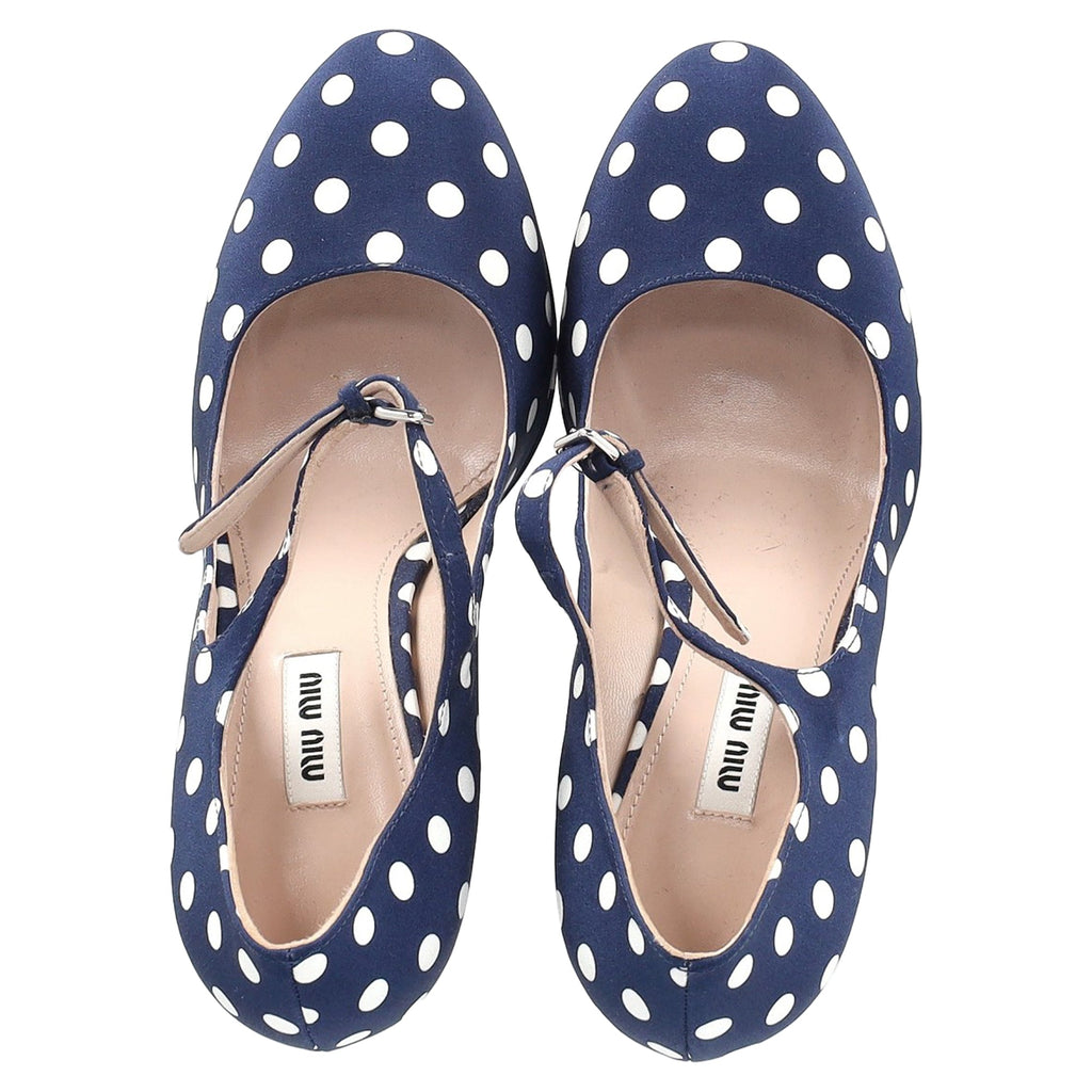Women's  Miu Miu Polka Dot Mary Jane Platform Pumps in Navy Blue Canvas