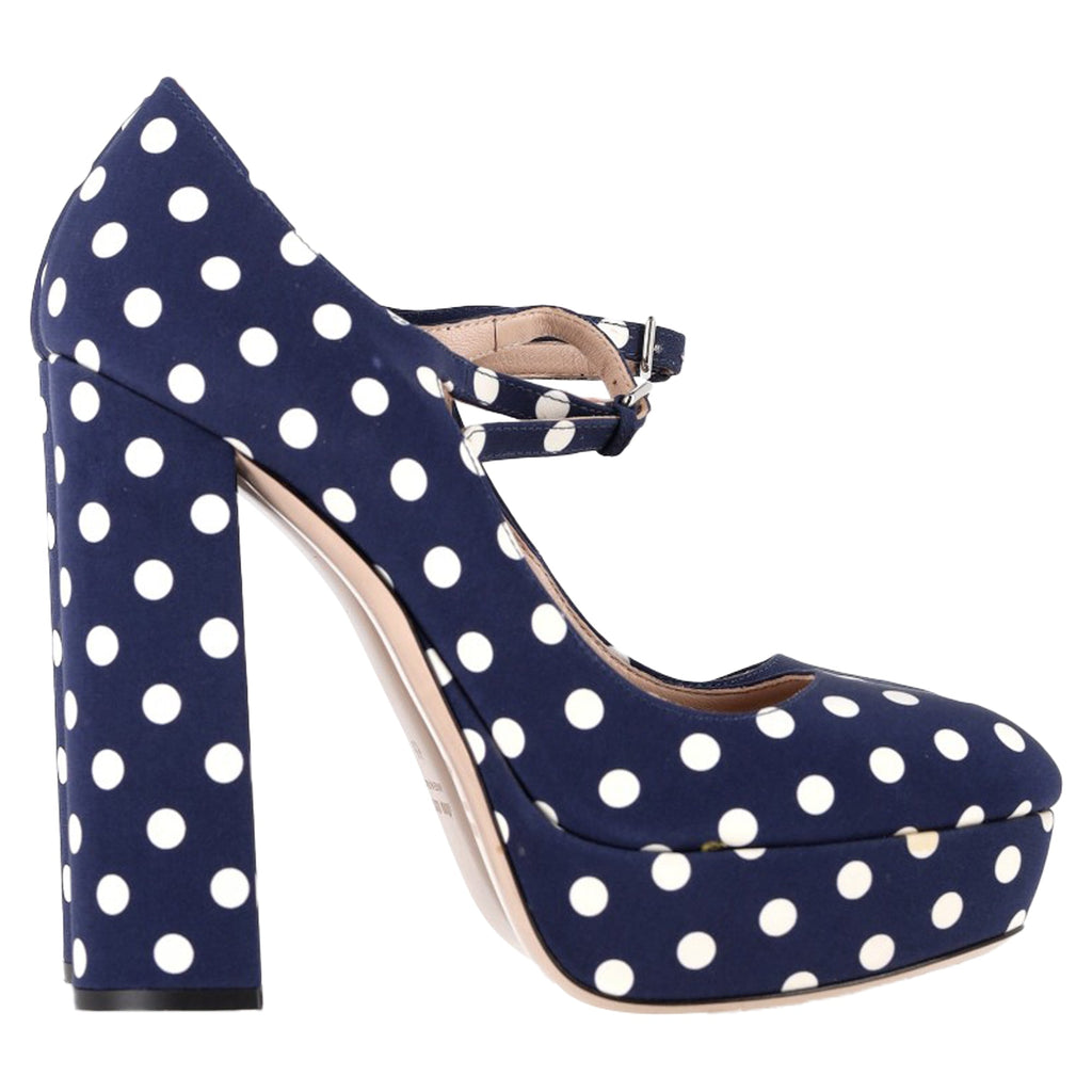 Women's  Miu Miu Polka Dot Mary Jane Platform Pumps in Navy Blue Canvas