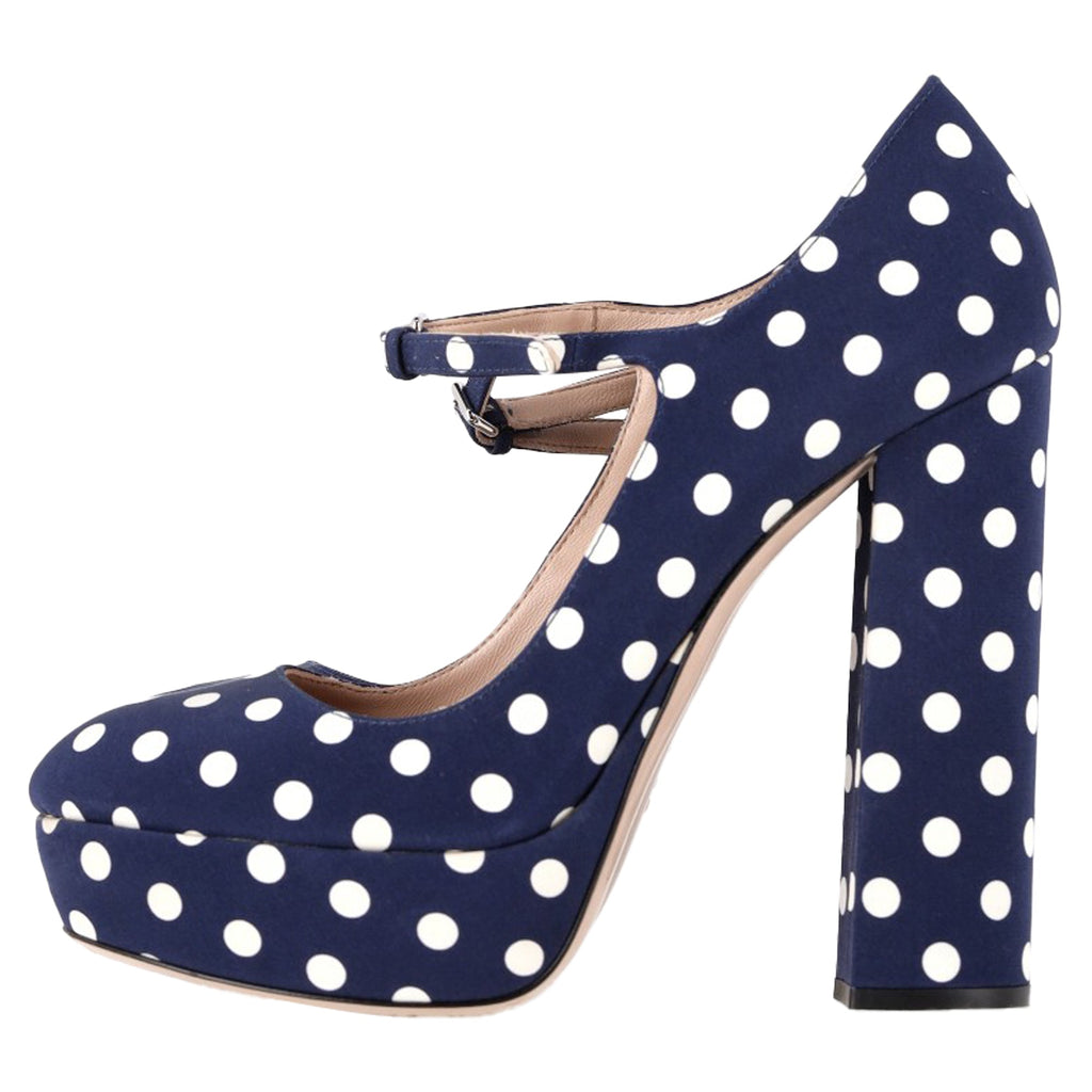 Women's  Miu Miu Polka Dot Mary Jane Platform Pumps in Navy Blue Canvas
