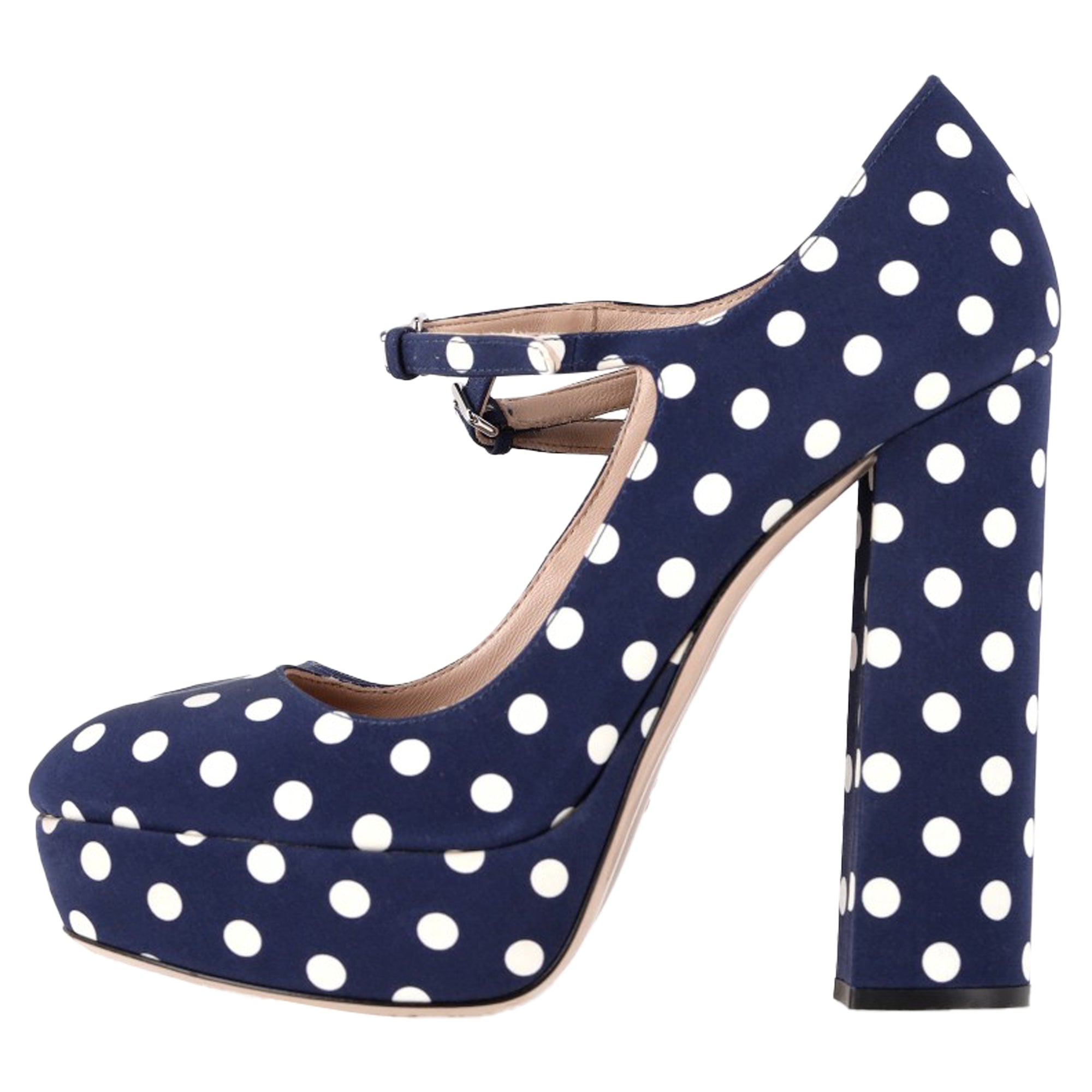 Women's  Miu Miu Polka Dot Mary Jane Platform Pumps in Navy Blue Canvas