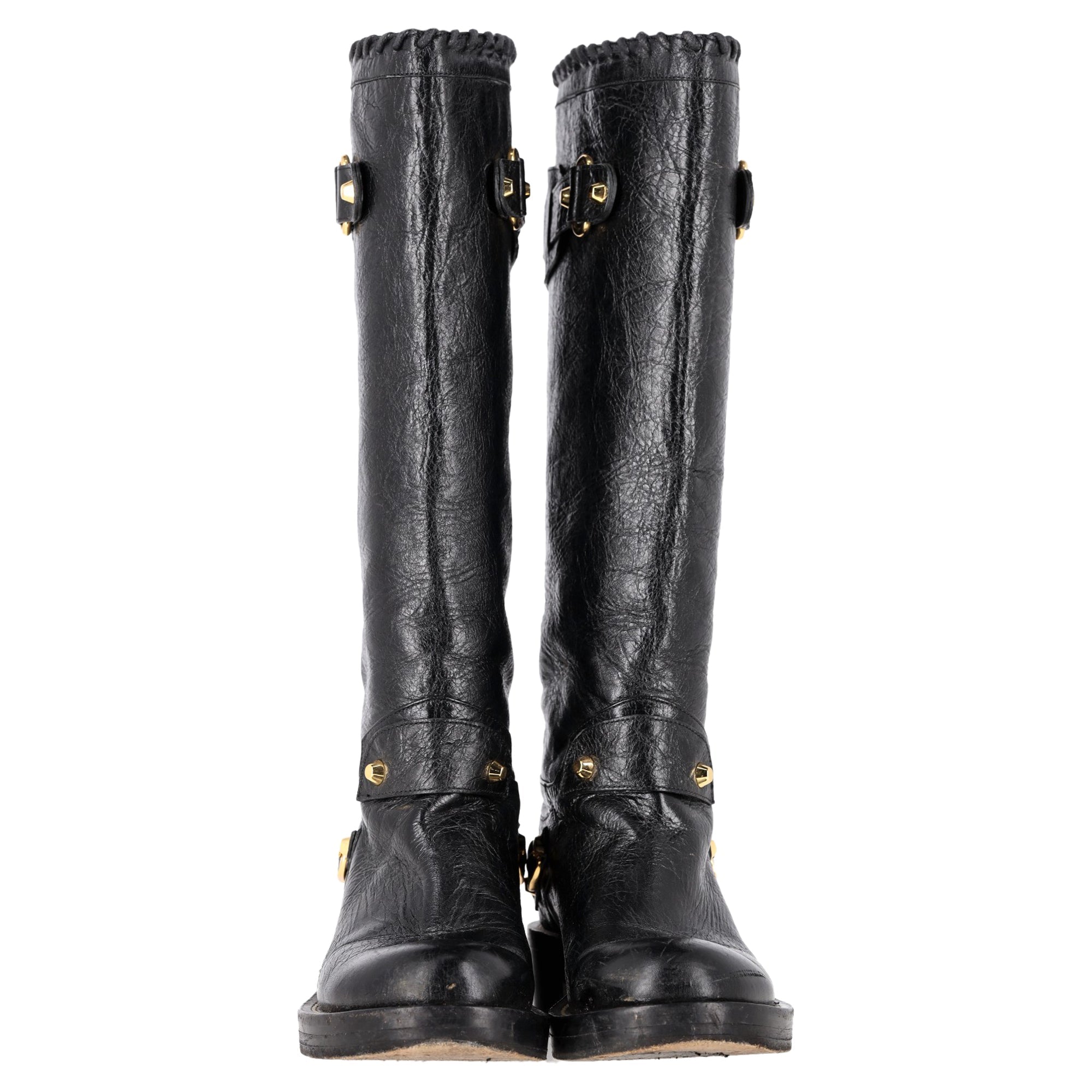 Women's  Balenciaga Distressed Knee-High Riding Boots in Black Leather