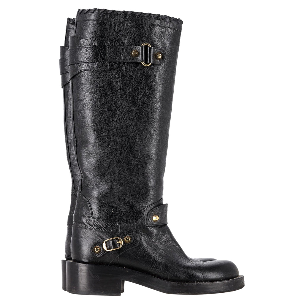Women's  Balenciaga Distressed Knee-High Riding Boots in Black Leather