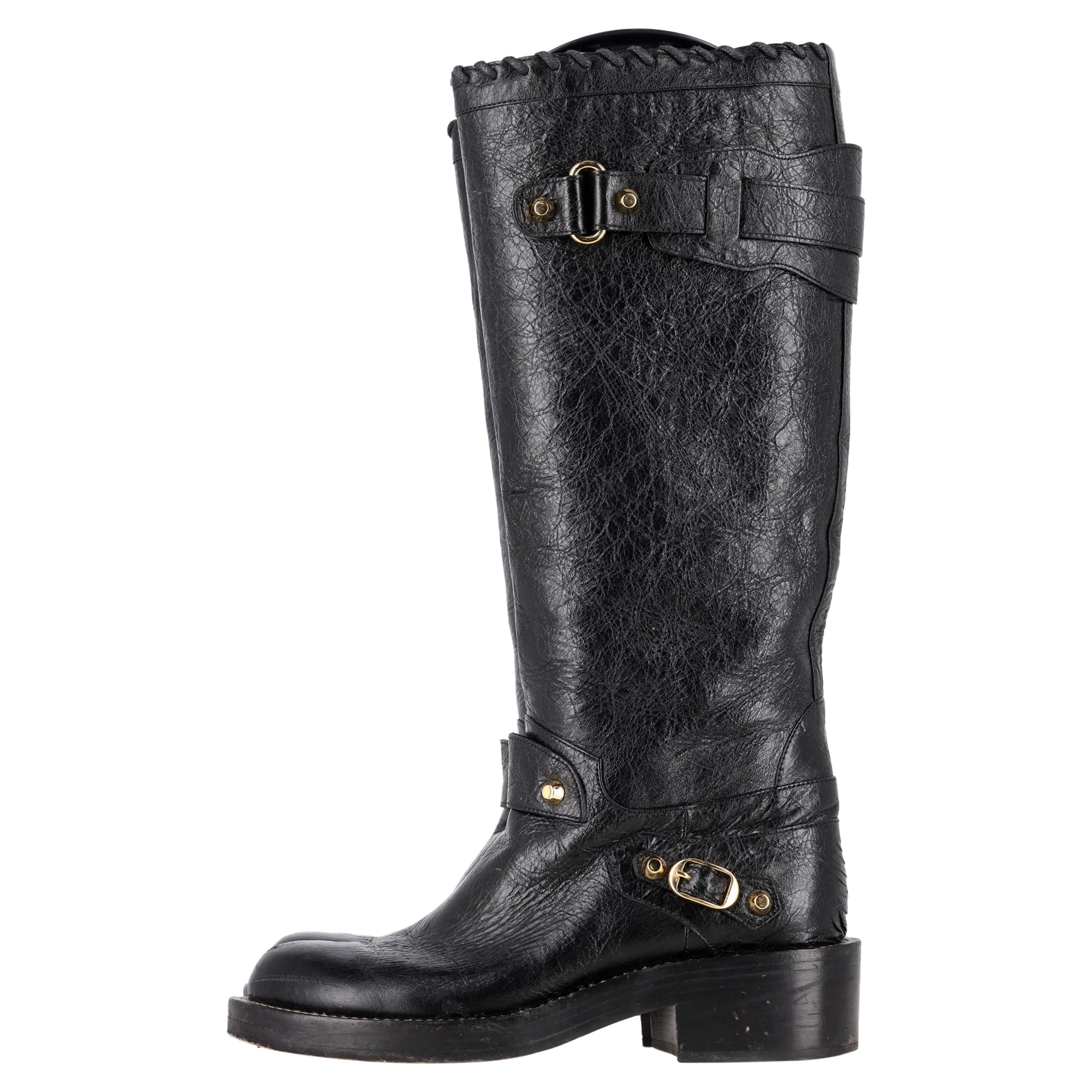 Women's  Balenciaga Distressed Knee-High Riding Boots in Black Leather