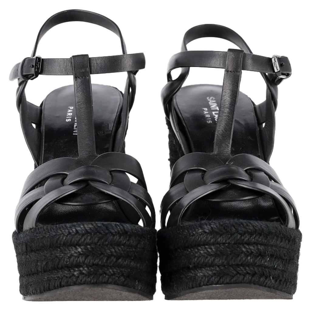 Women's Saint Laurent Tribute Espadrille Wedge Sandals in Black Calf Leather