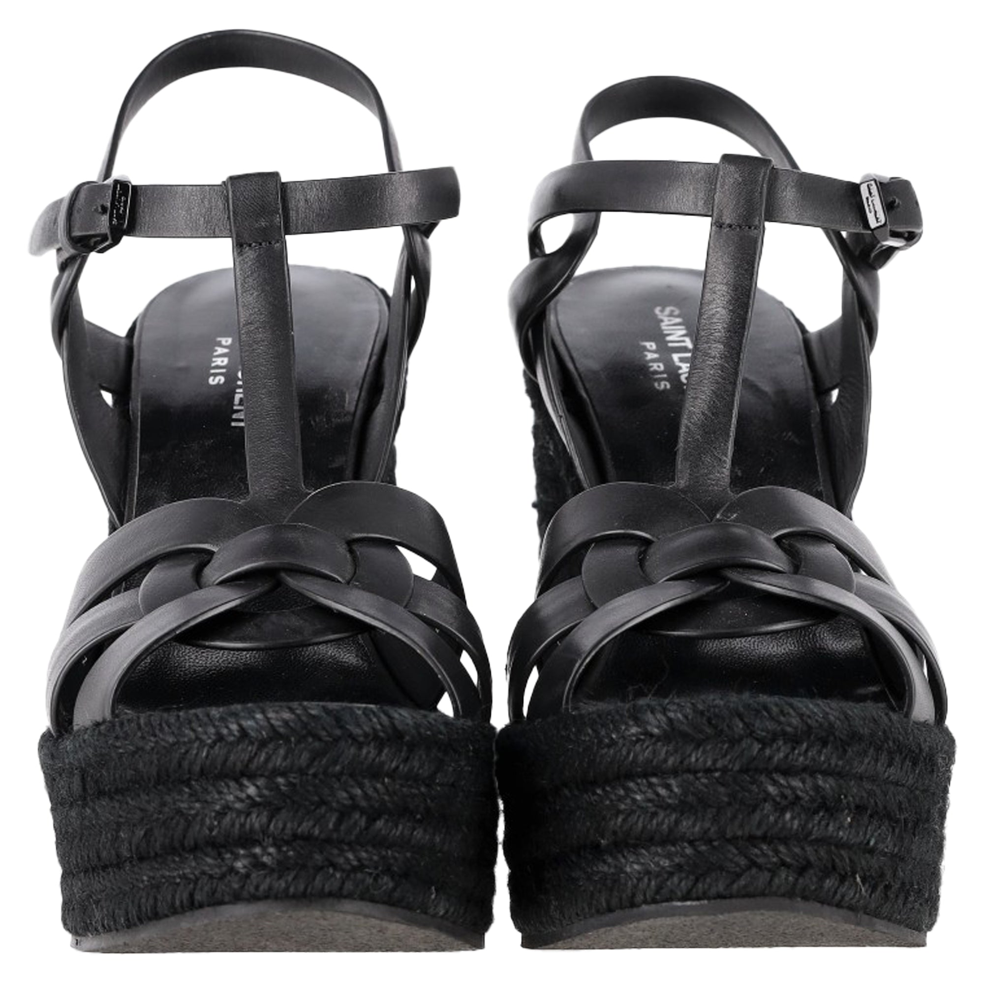 Women's Saint Laurent Tribute Espadrille Wedge Sandals in Black Calf Leather