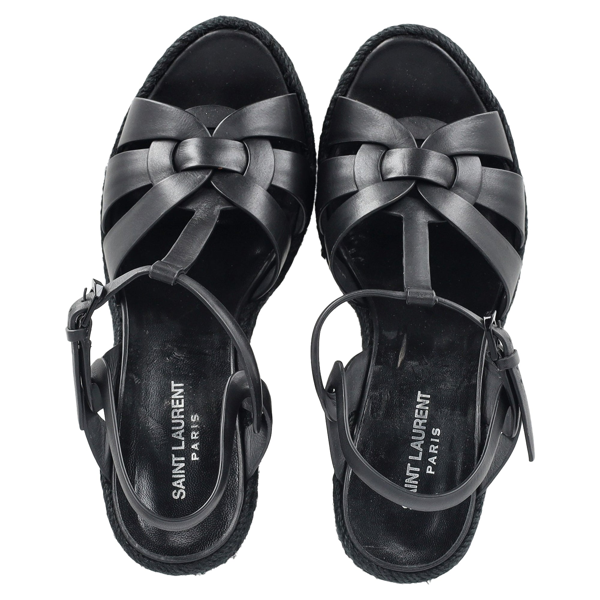 Women's Saint Laurent Tribute Espadrille Wedge Sandals in Black Calf Leather