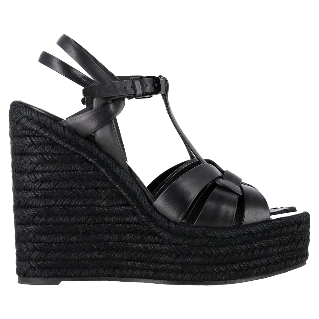 Women's Saint Laurent Tribute Espadrille Wedge Sandals in Black Calf Leather