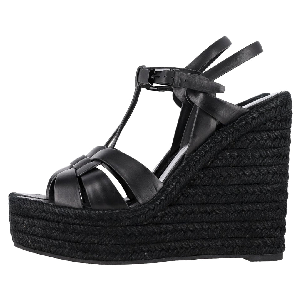 Women's Saint Laurent Tribute Espadrille Wedge Sandals in Black Calf Leather