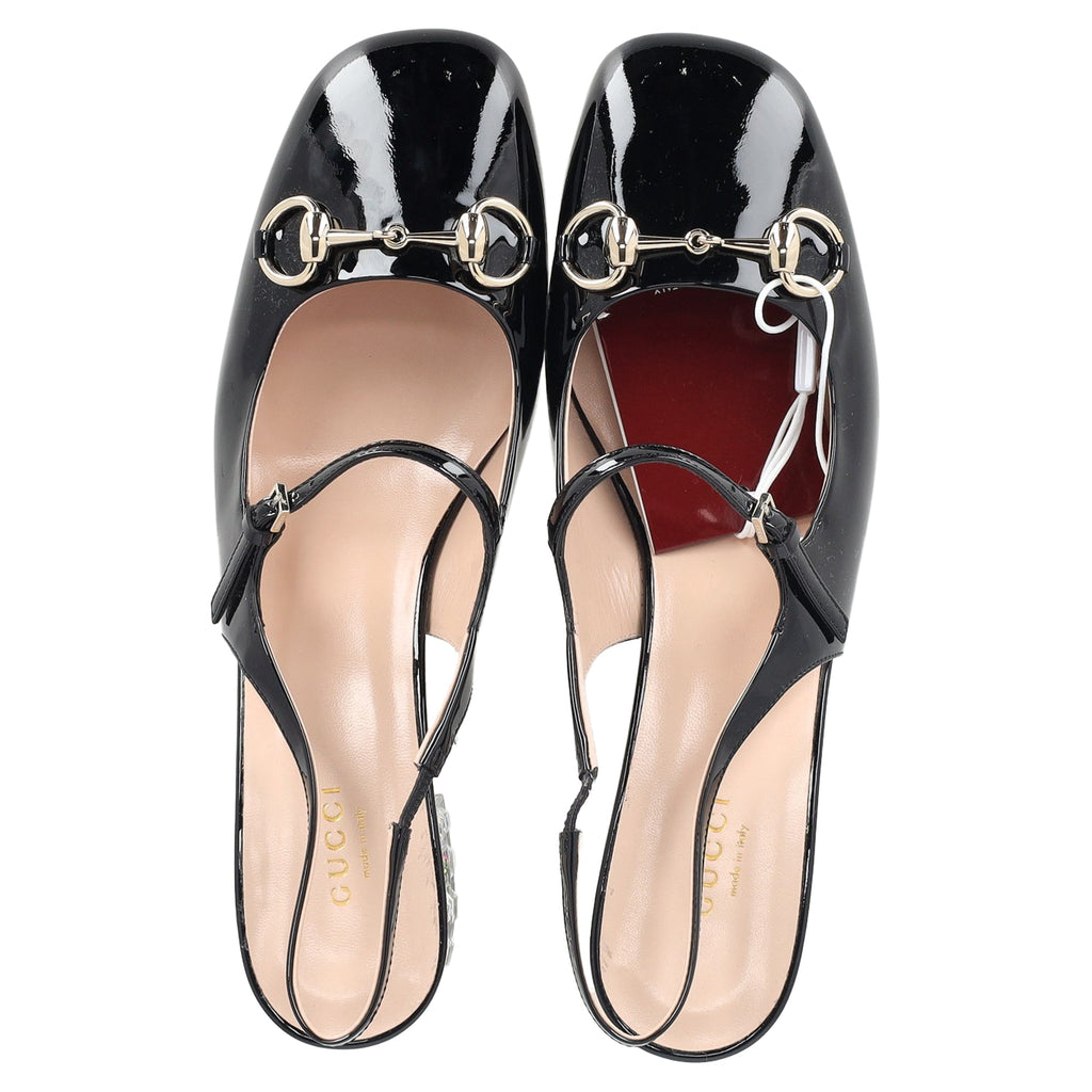 Women's Gucci Horsebit Crystal Block-Heel Pumps in Black Patent Leather