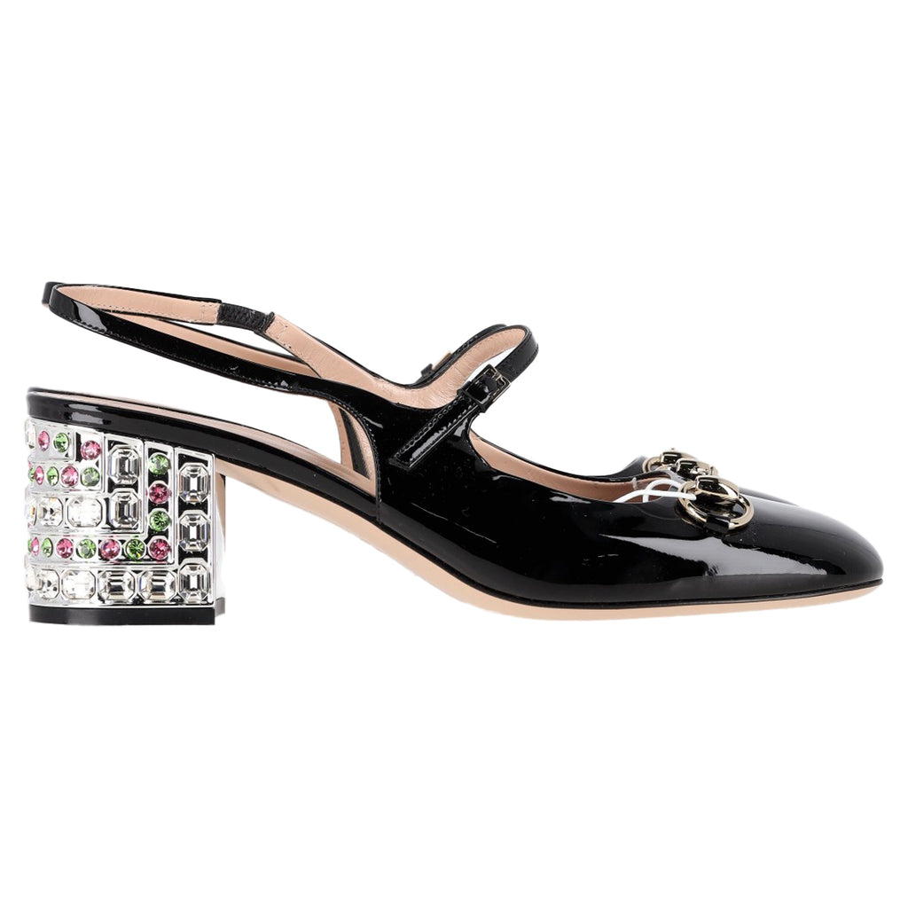 Women's Gucci Horsebit Crystal Block-Heel Pumps in Black Patent Leather