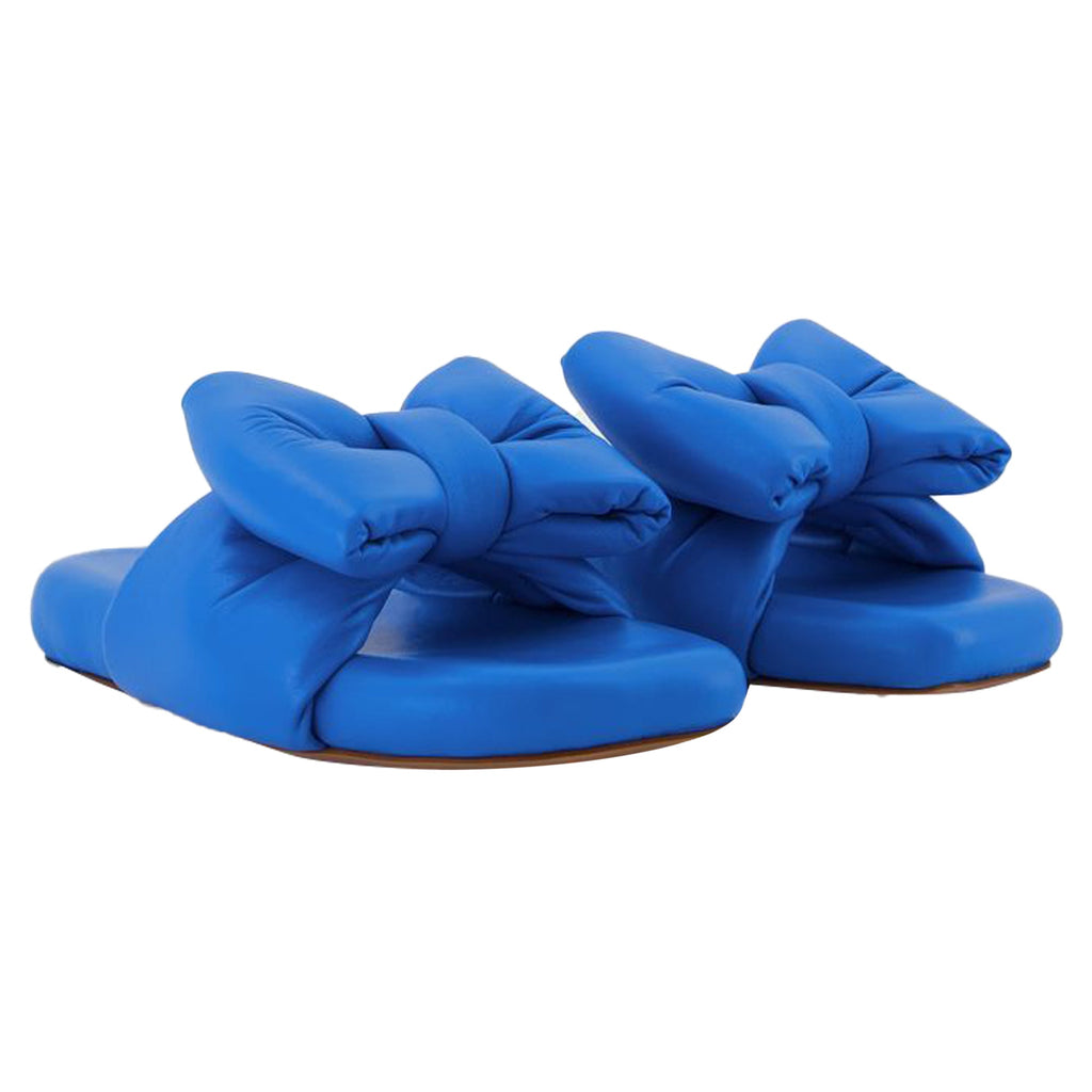 Bow Padded Slides - Off White - Blue - Leather