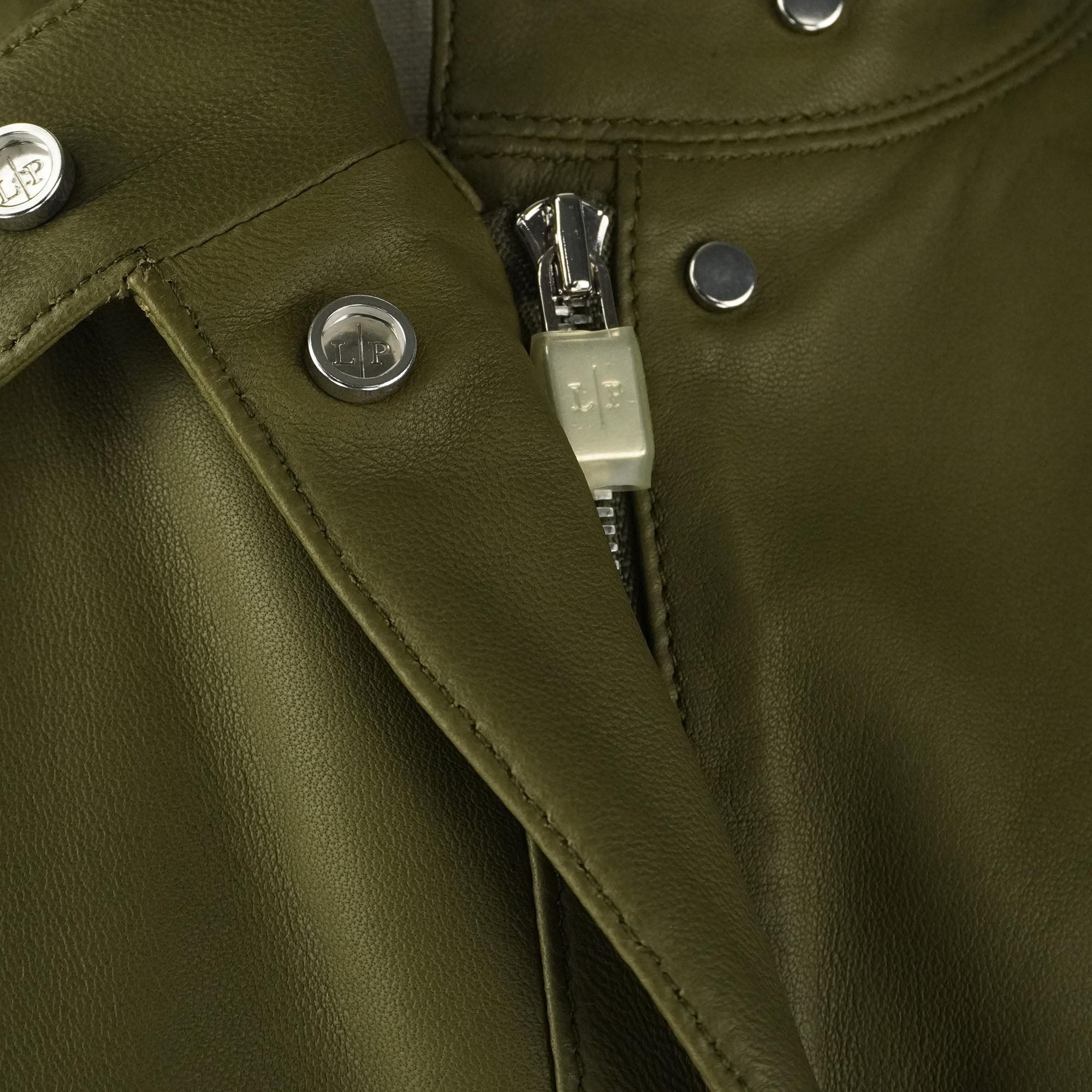 Loro Piana Olive Green Leather Jordan Touch Jacket with Detachable Sleeves