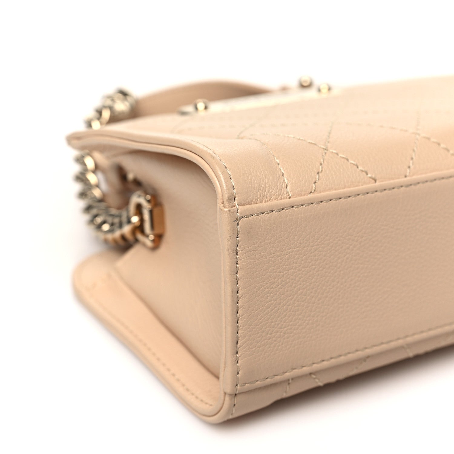Grained Calfskin Stitched Mini Label  Shopper Tote Beige