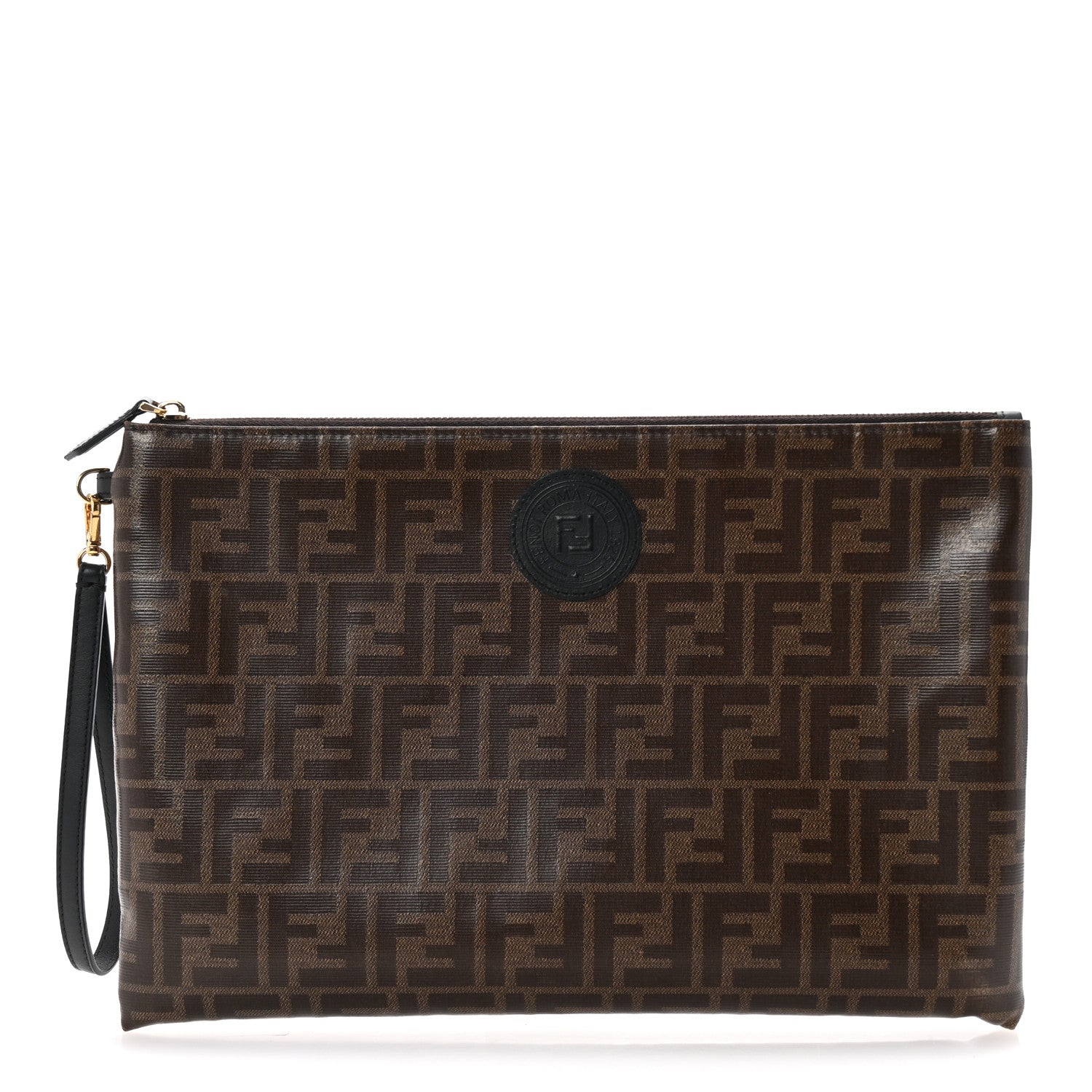 Glazed Fabric Vitello Century FF 1974 Stamp Patch Large Flat Pouch Mogano Panna Black