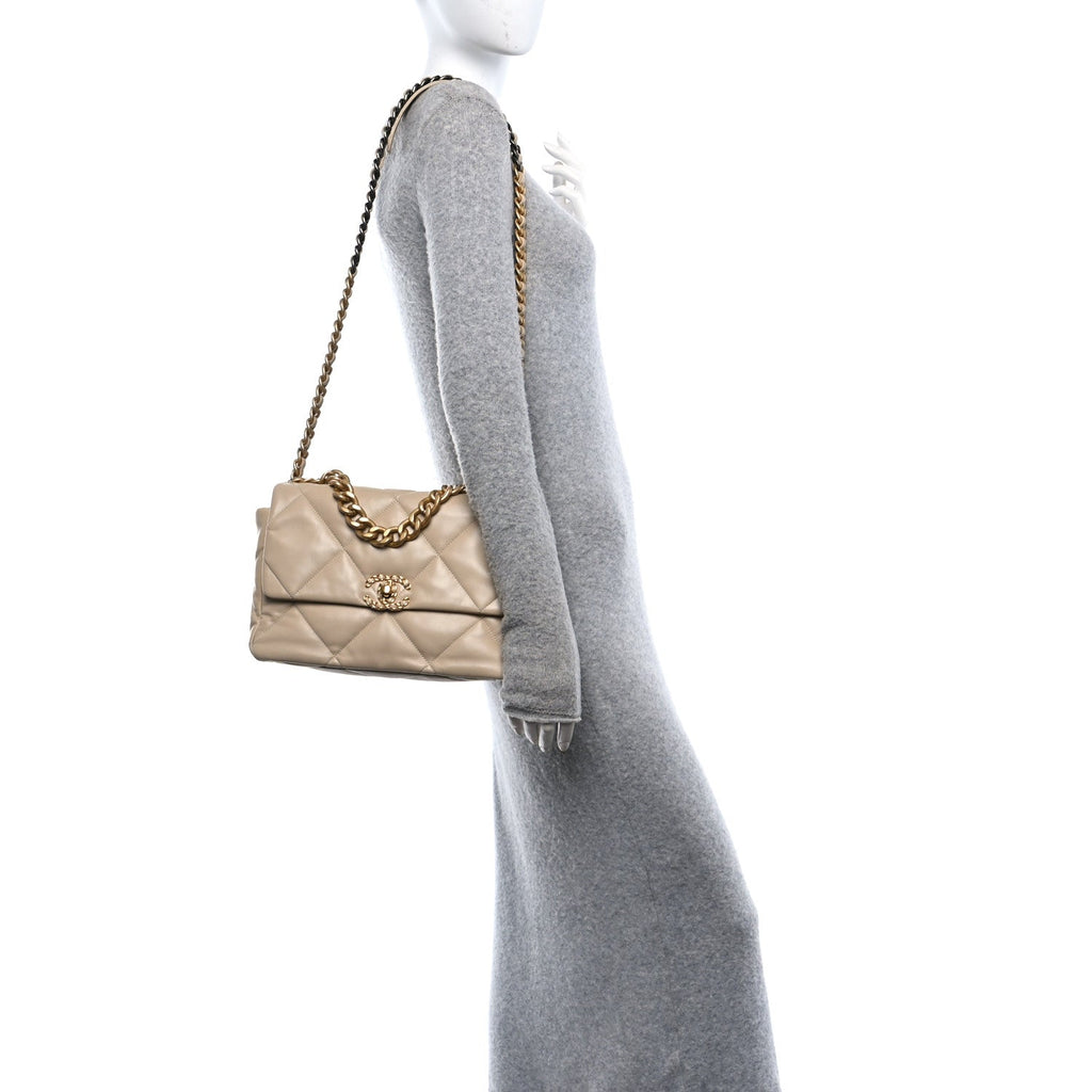 Lambskin Quilted Large Chanel 19 Flap Beige