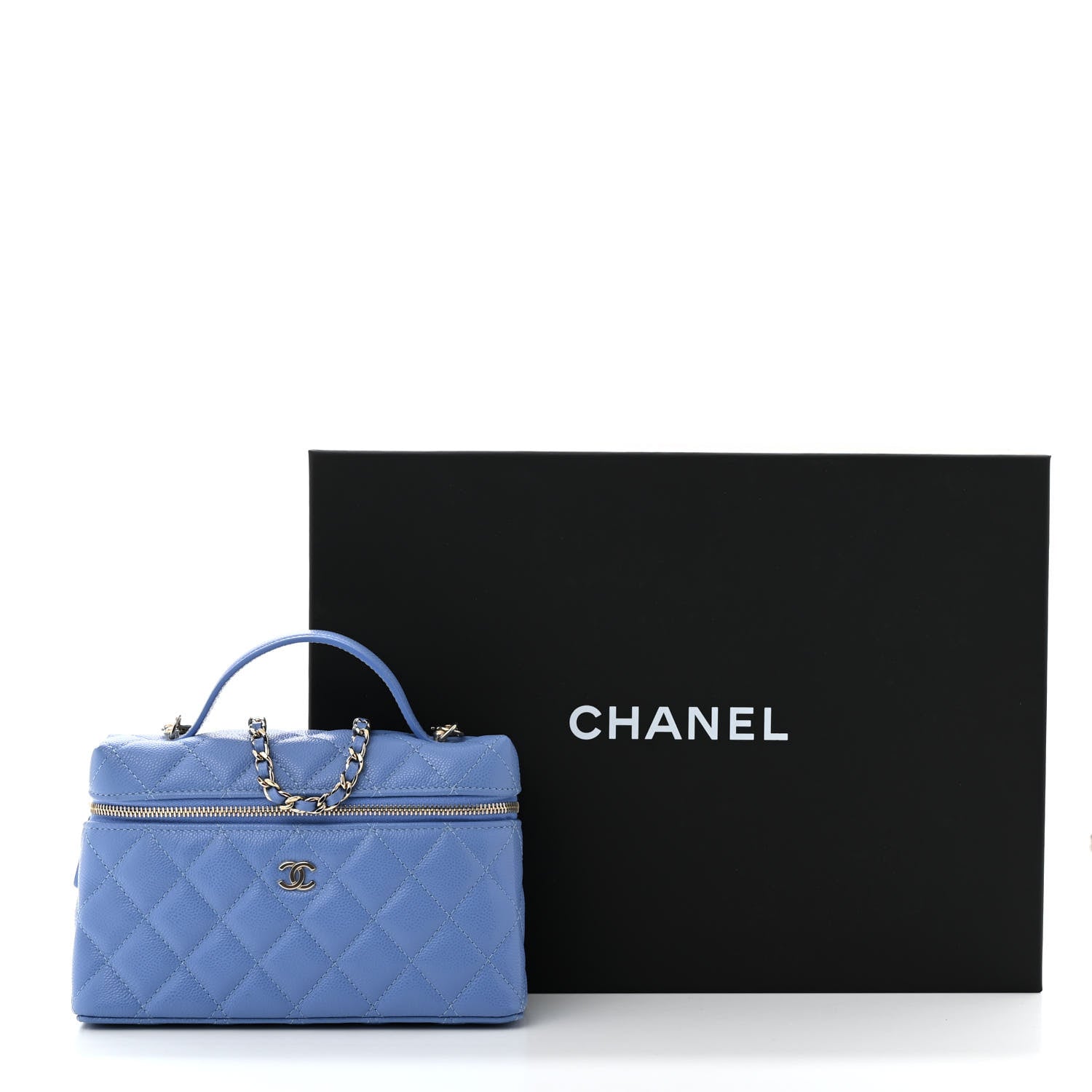 Caviar Quilted Top Handle Slim Vanity With Chain Blue