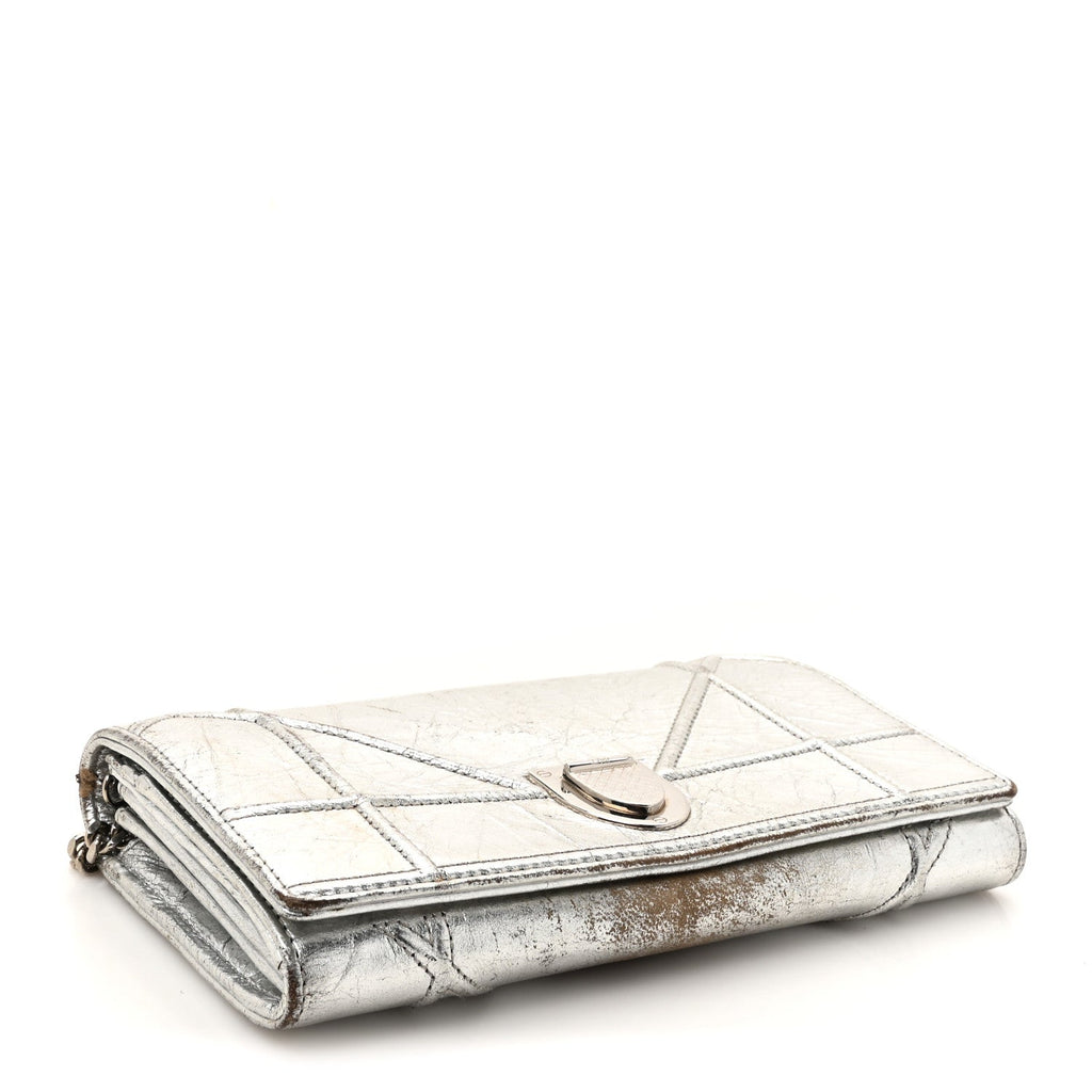 Metallic Crinkled Lambskin Diorama Croisiere Chain Wallet Silver