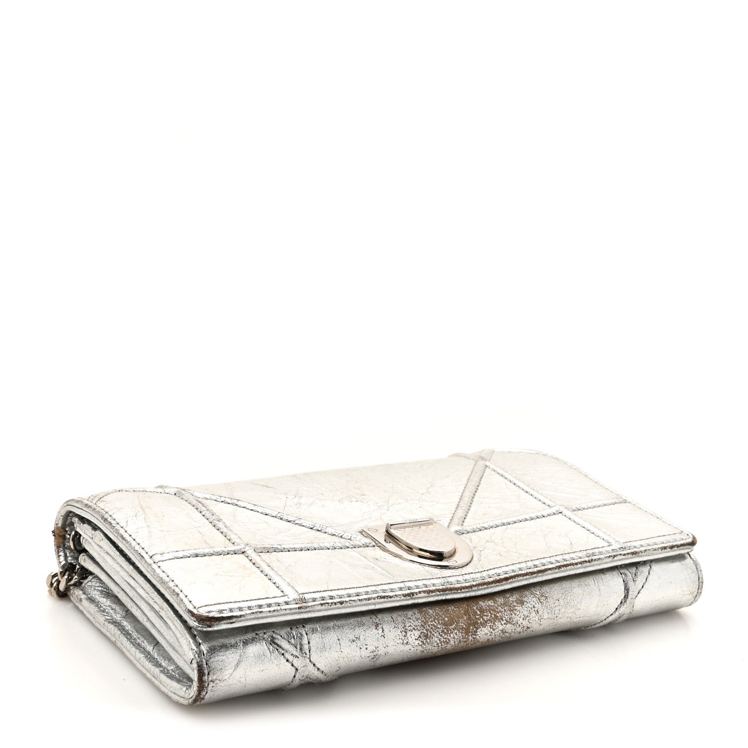 Metallic Crinkled Lambskin Diorama Croisiere Chain Wallet Silver
