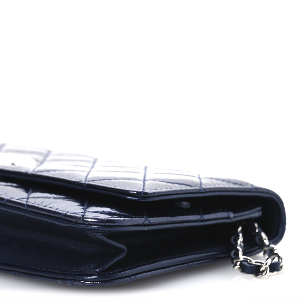 Patent Metallic Crumpled Calfskin Quilted Wallet On Chain WOC Navy