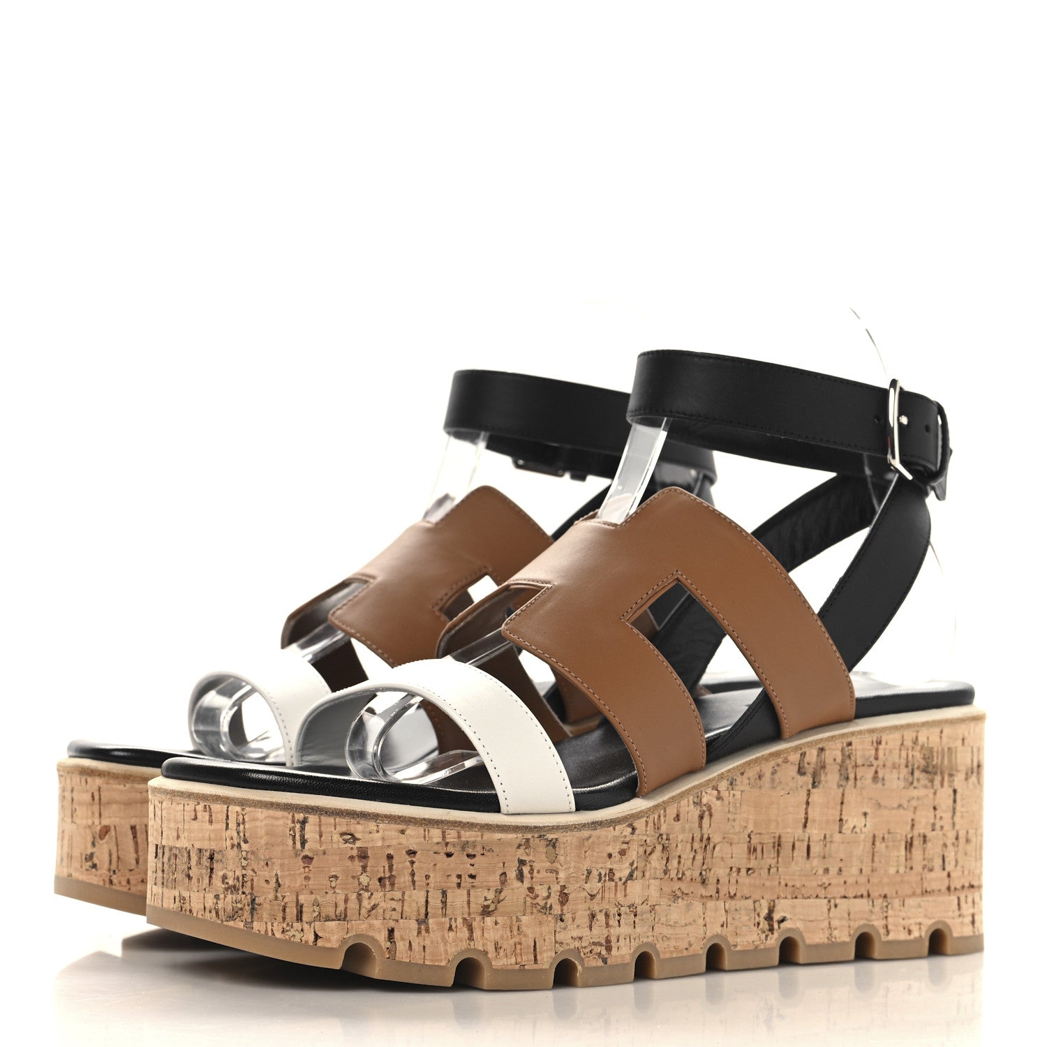 Calfskin Cork Havane 30 Wedge Sandals 38 Black Gold White