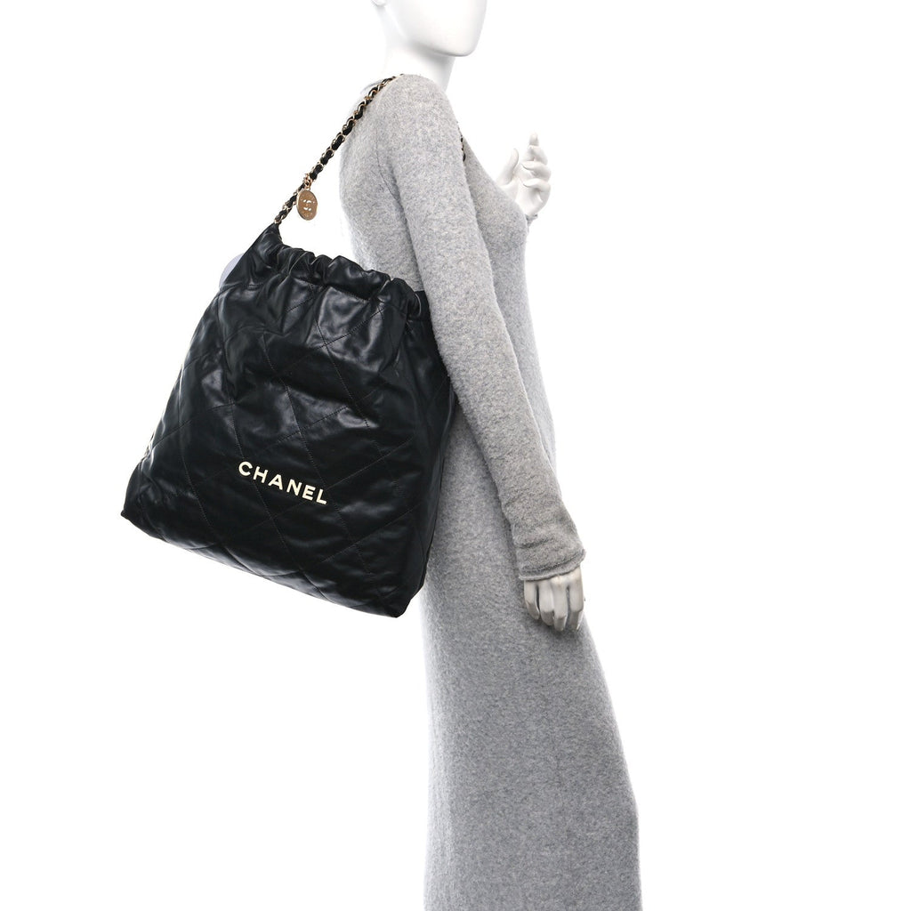 Calfskin Quilted Large Chanel 22 Black White