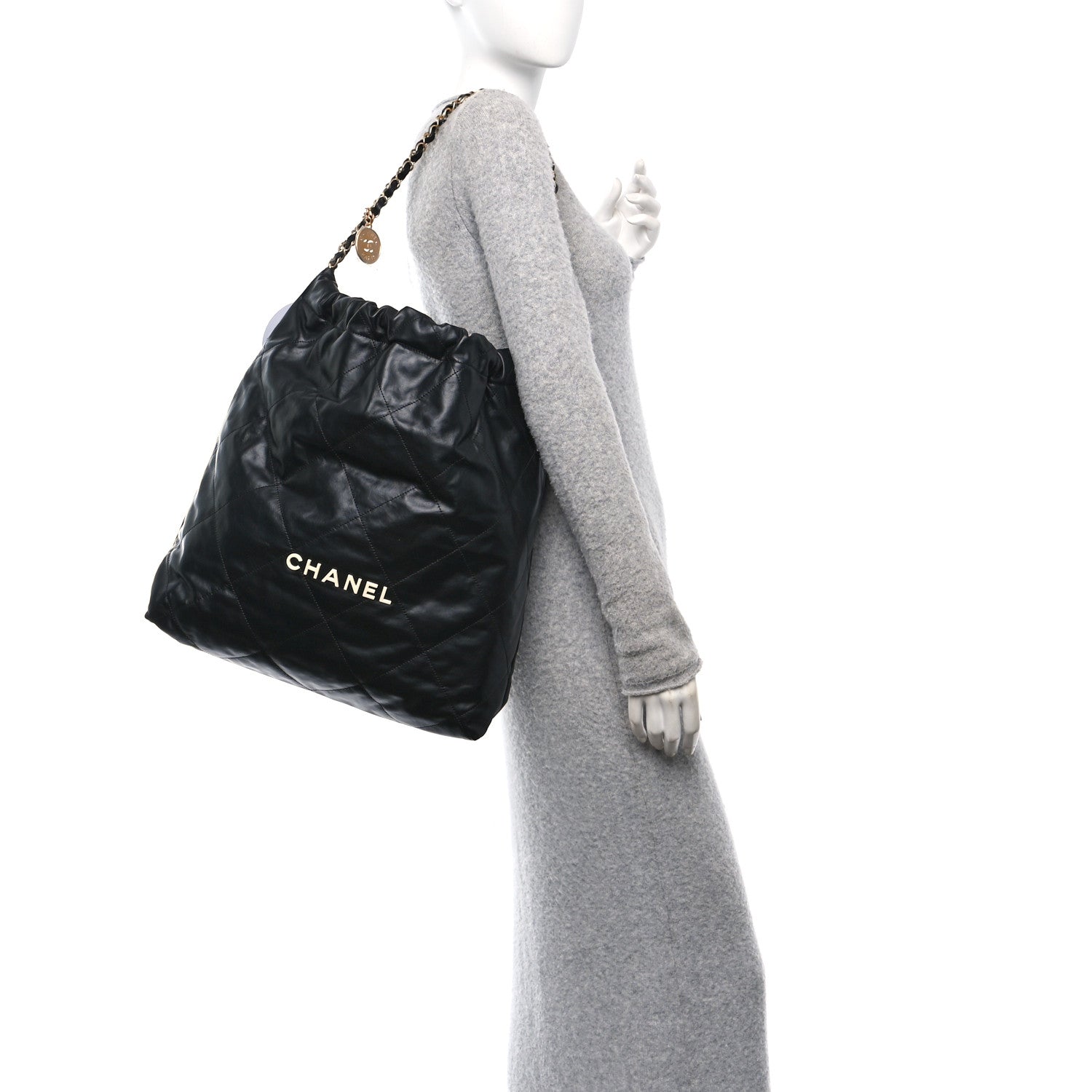 Calfskin Quilted Large Chanel 22 Black White
