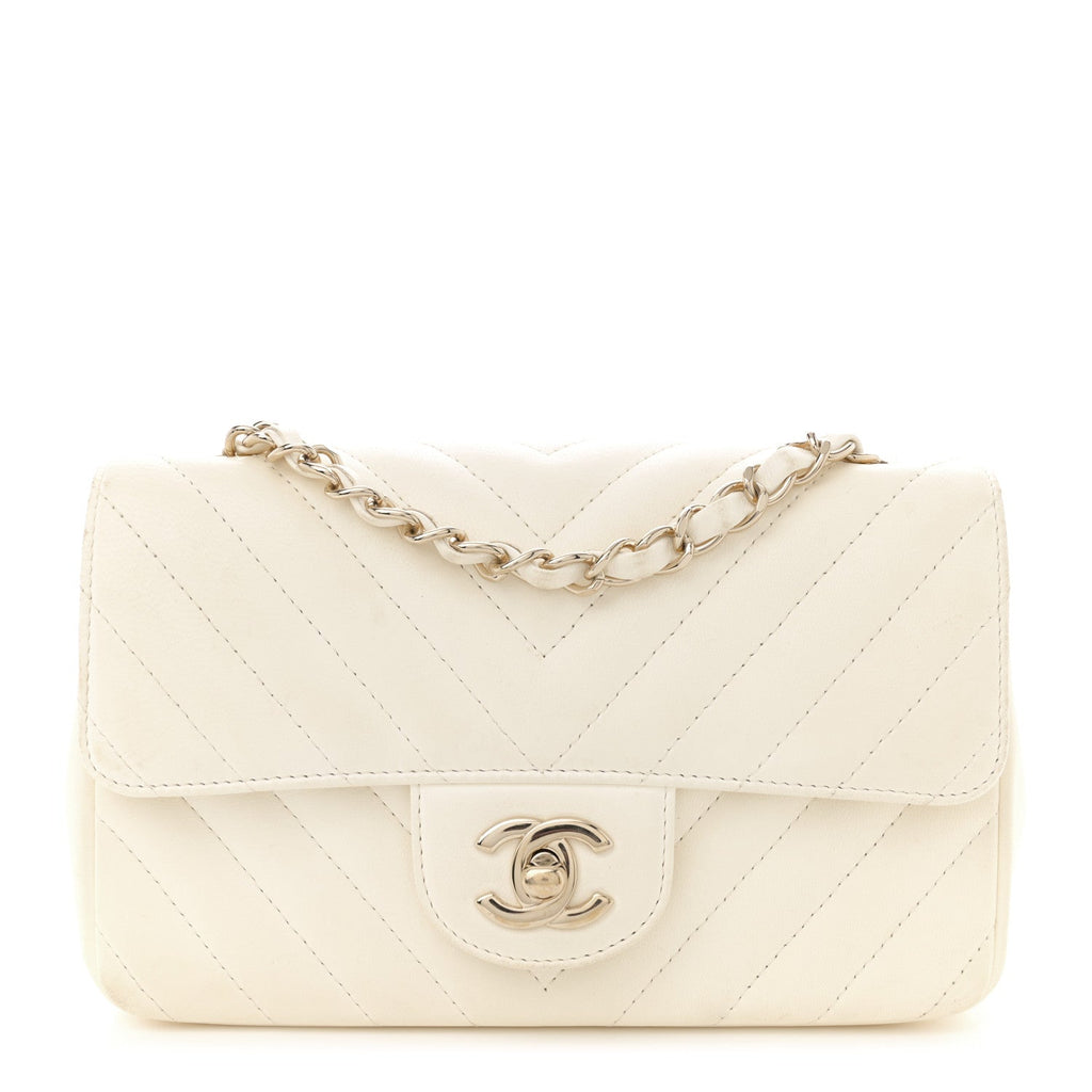Lambskin Chevron Quilted Mini Rectangular Flap White