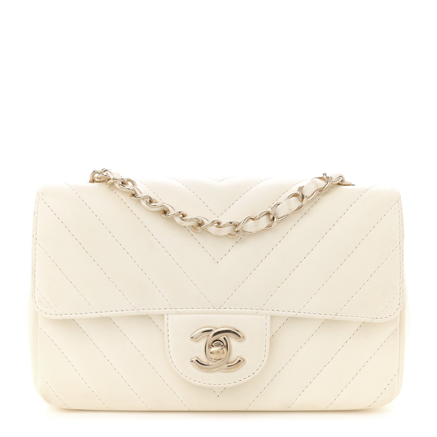 Lambskin Chevron Quilted Mini Rectangular Flap White