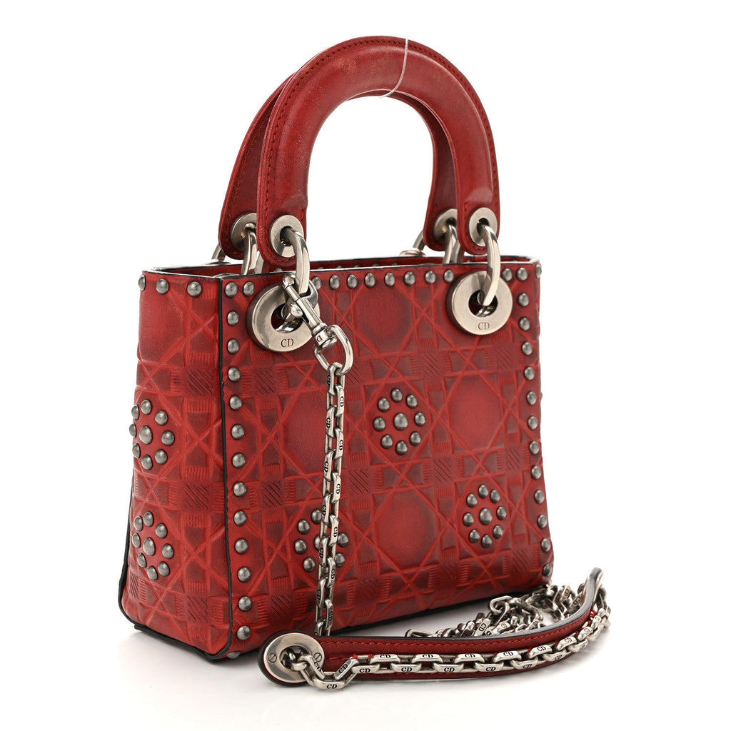 Calfskin Embossed Cannage Flower Studded Mini Lady Dior Bag Red