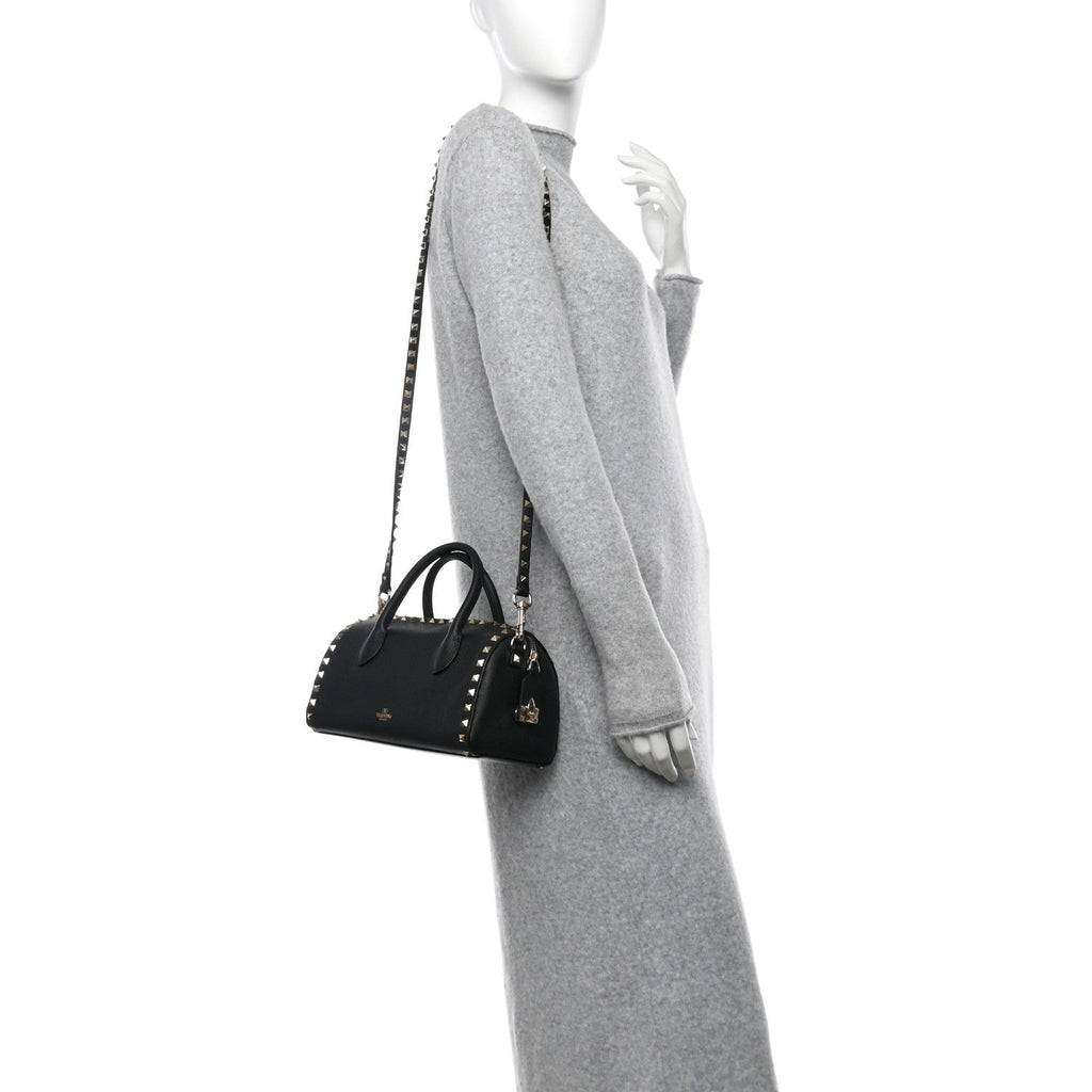 Pebbled Calfskin Rockstud Bowling Bag Black
