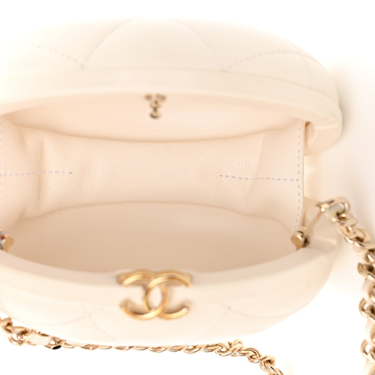 Lambskin Quilted Oval Minaudiere Chain Clutch White