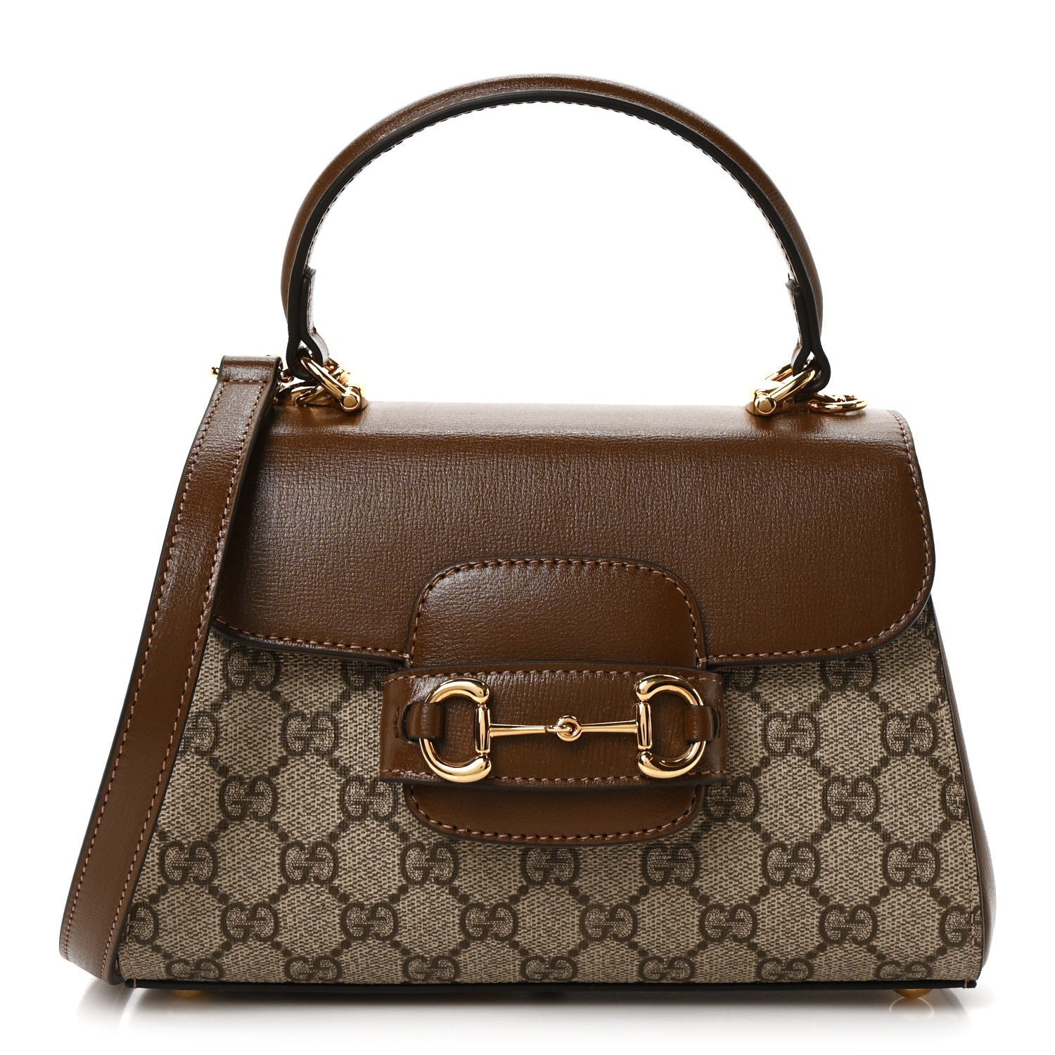 GG Supreme Monogram Azalea Calfskin Mini Horsebit 1955 Top Handle Flap Bag Beige Ebony Brown Sugar