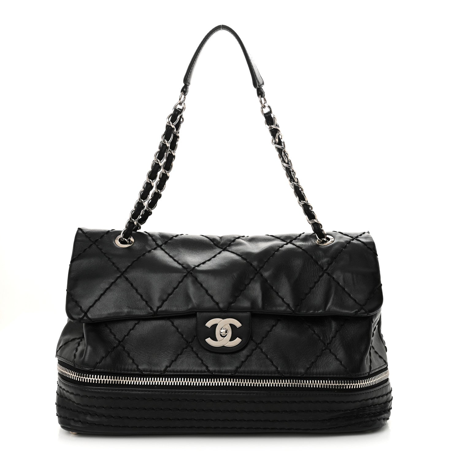 Calfskin Stitched Large Expandable Flap Bag Black