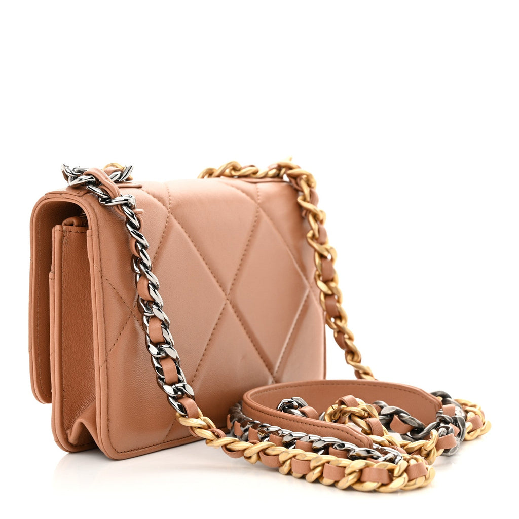 Lambskin Quilted Chanel 19 Wallet On Chain WOC Brown
