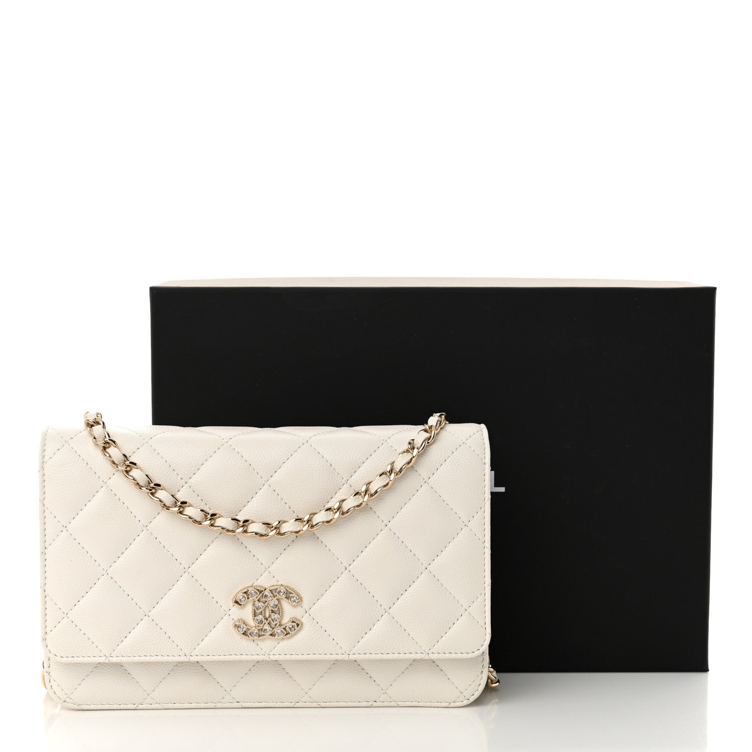 Shiny Caviar Quilted Crystal Heart CC Wallet On Chain WOC White
