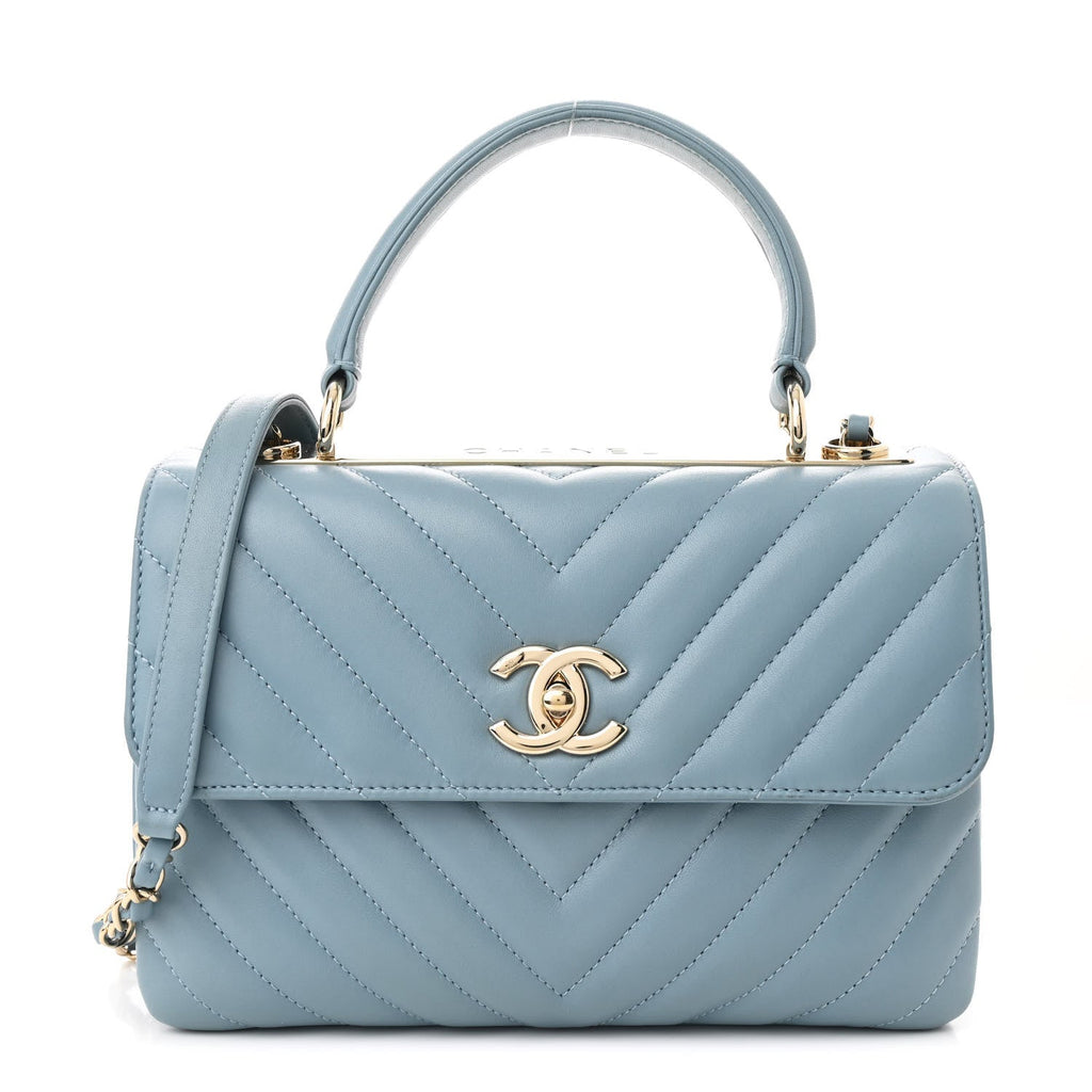 Lambskin Chevron Quilted Small Trendy CC Flap Dual Handle Bag Light Blue