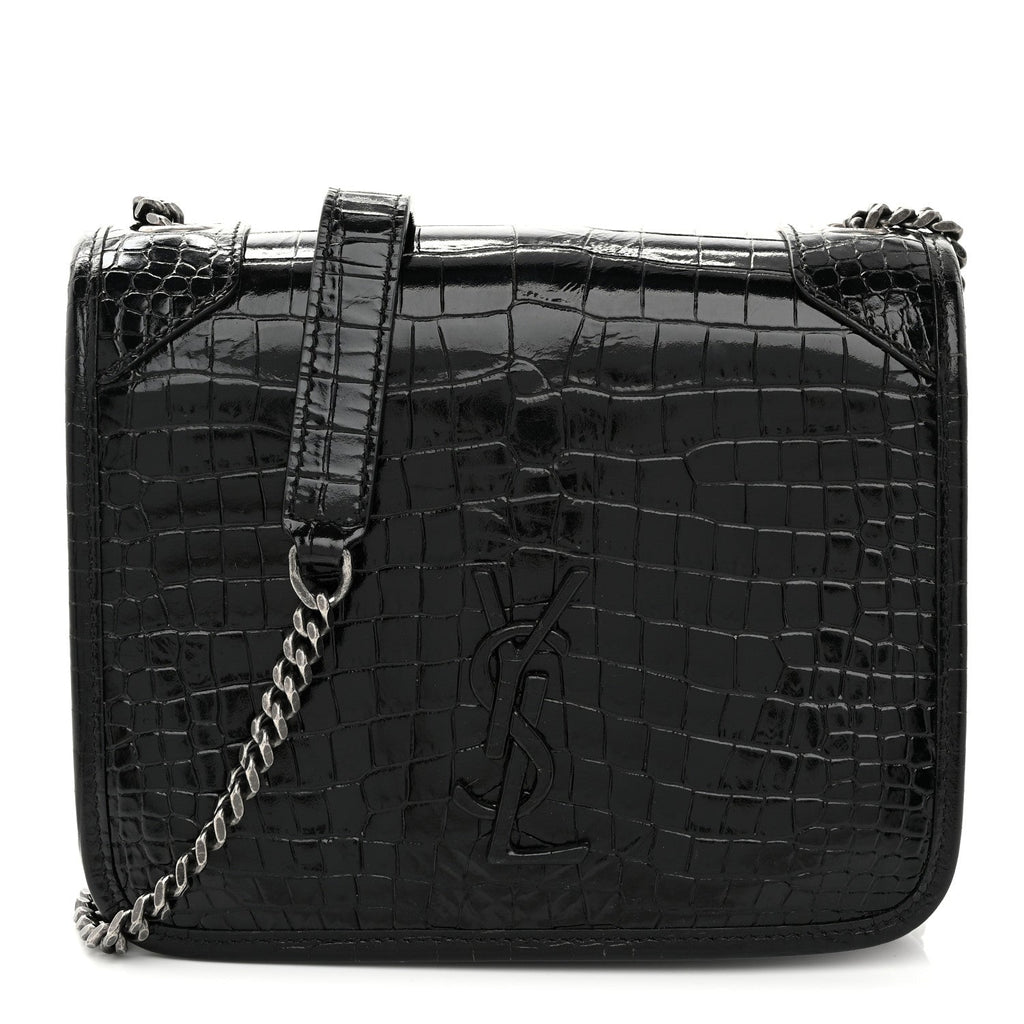Crocodile Embossed Lambskin Matelasse Monogram Niki Chain Wallet Black