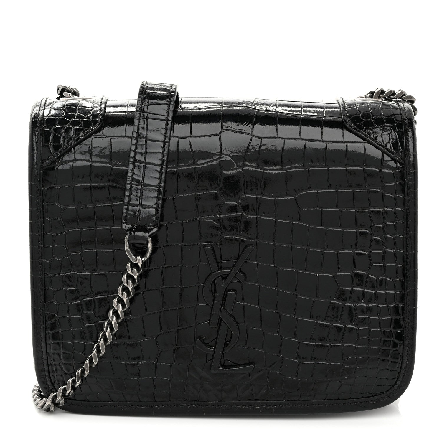 Crocodile Embossed Lambskin Matelasse Monogram Niki Chain Wallet Black