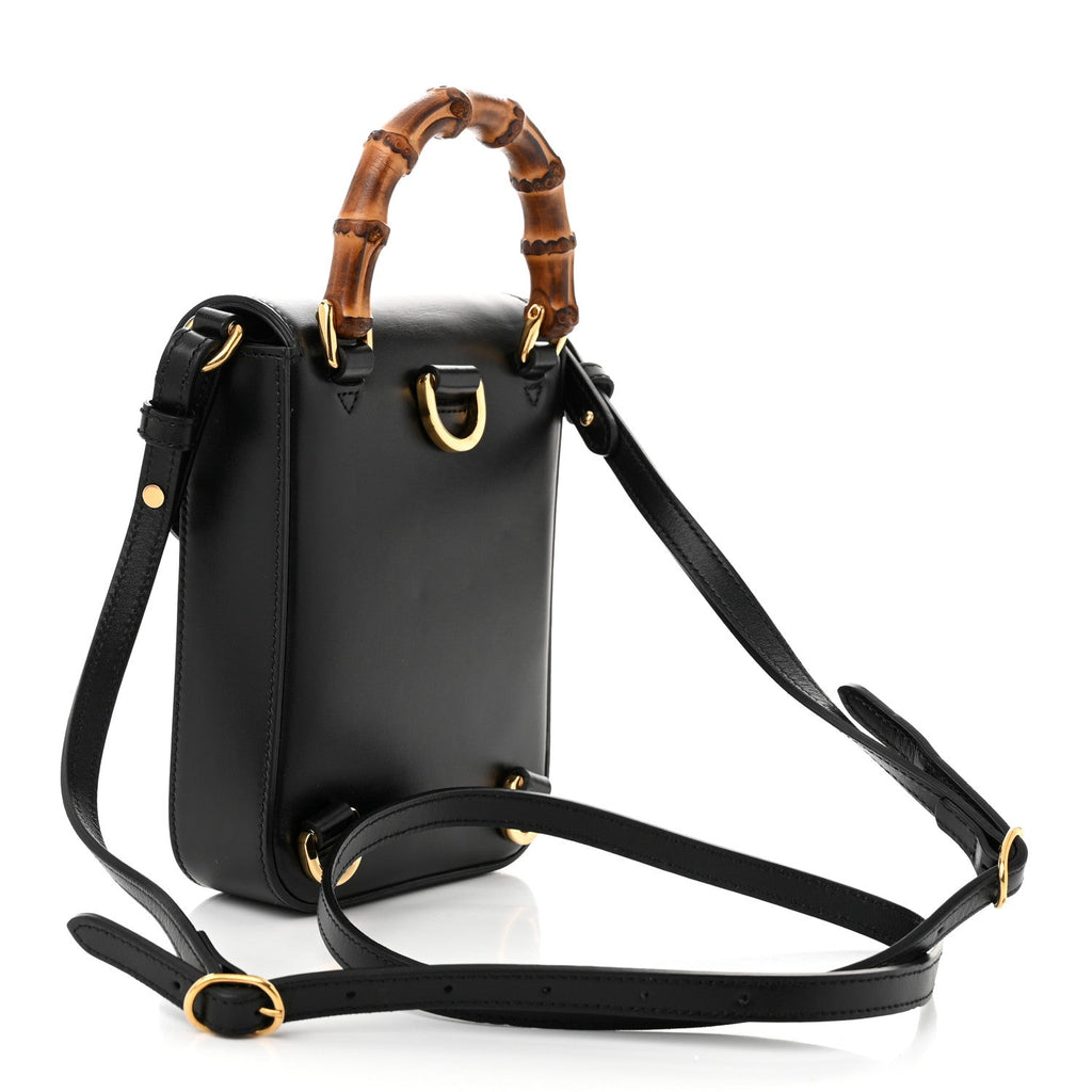 Calfskin Mini Bamboo Top Handle 3 Way Shoulder Bag  Black