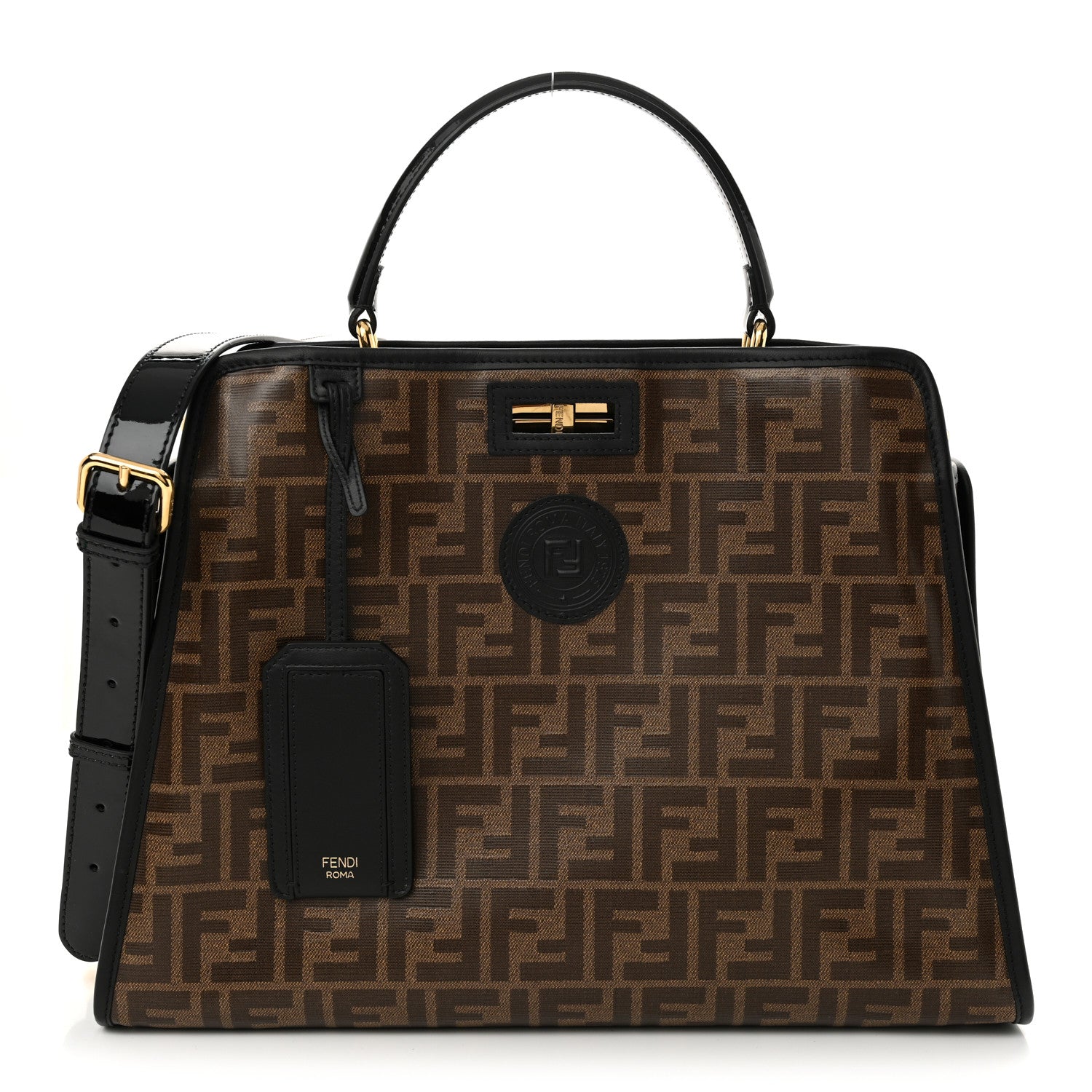 Patent Glazed Fabric FF 1974 Medium Peekaboo Iconic Defender Satchel Mogano Panna Black
