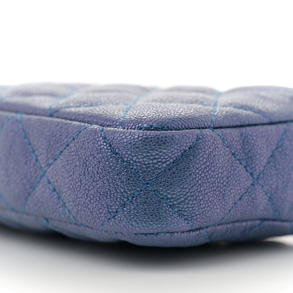 Iridescent Caviar Quilted Clutch With Chain Dark Blue