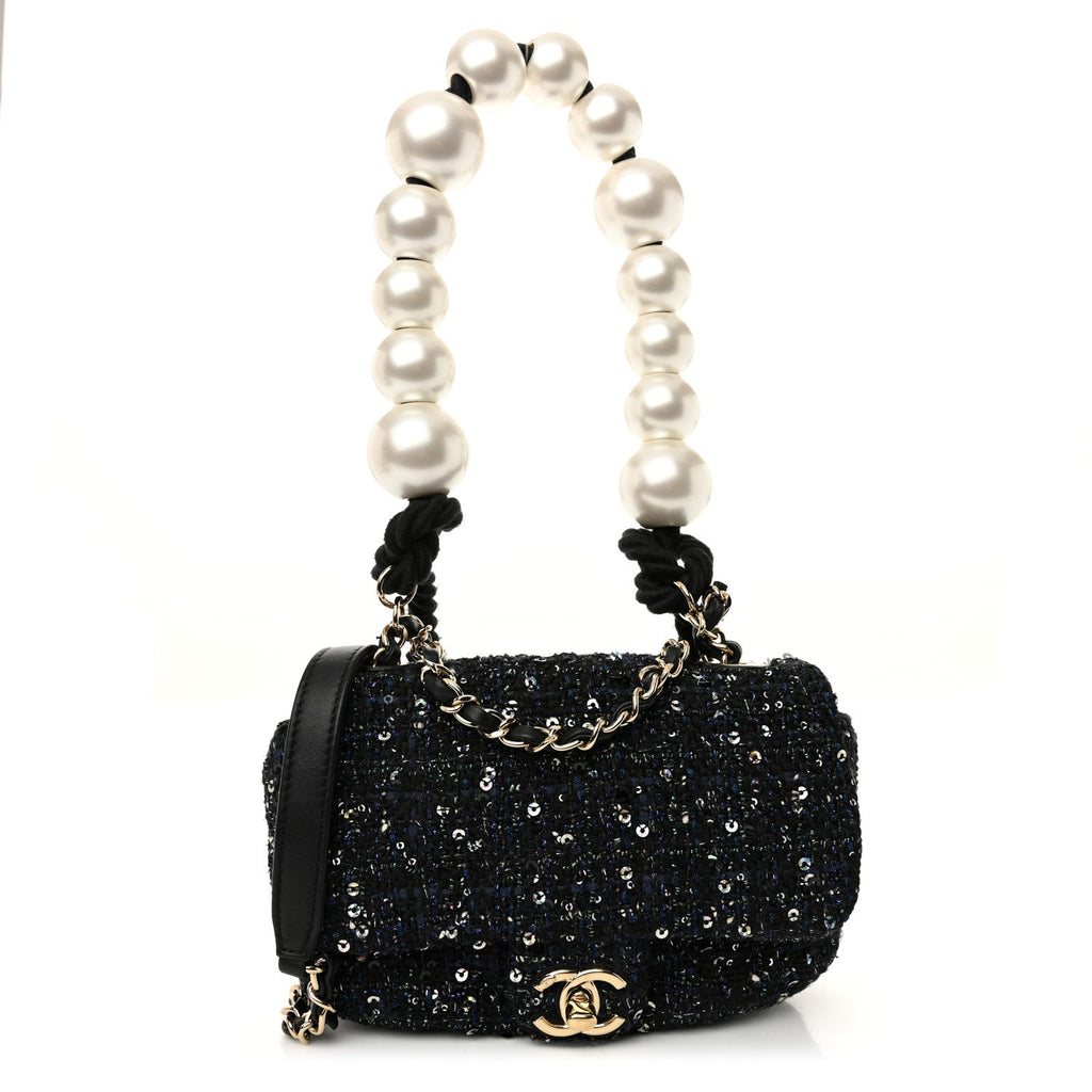 Tweed Mini Pearl Handle Flap Black Ecru
