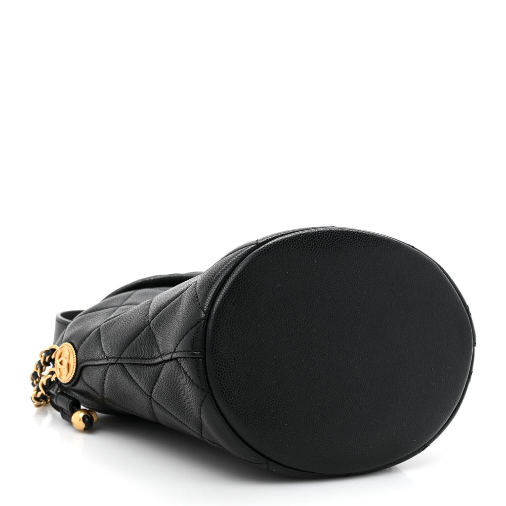 Caviar Quilted Twist Your Buttons Bucket Bag Black