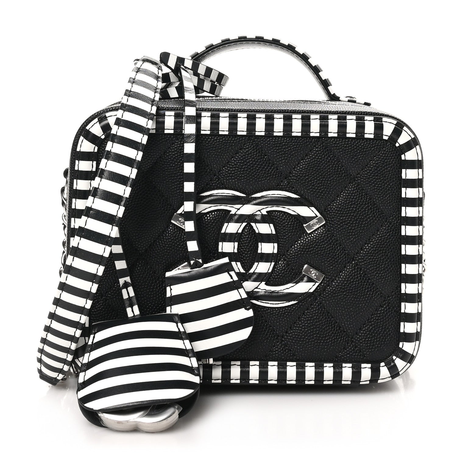 Caviar Quilted Striped Small CC Filigree Vanity Case Black White