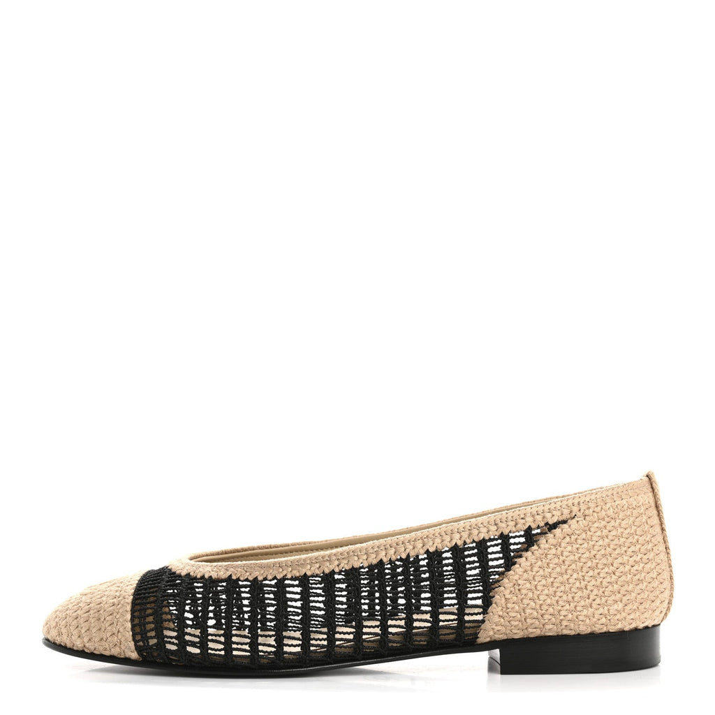 Raffia Cap Toe Ballerina Flats 38.5 Black Beige