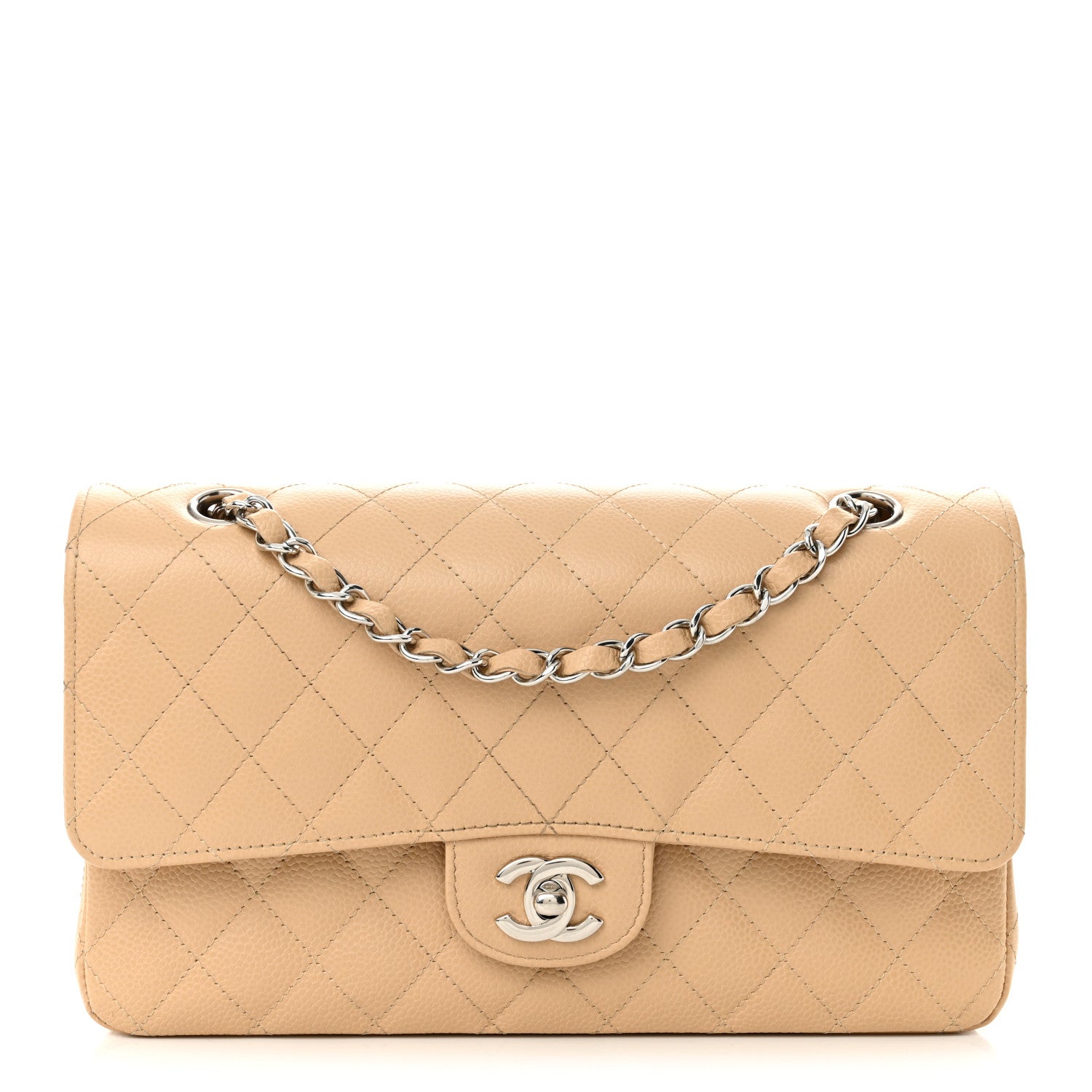 Caviar Quilted Medium Double Flap Beige