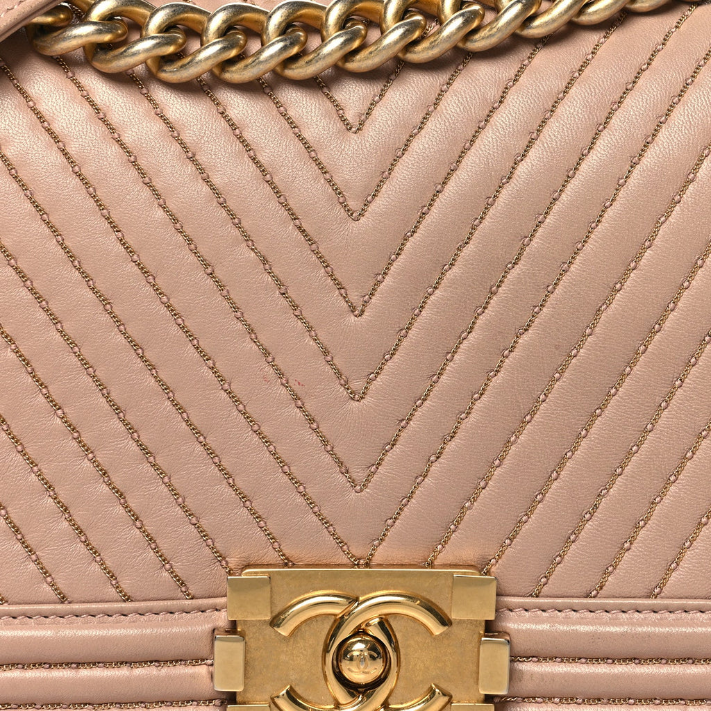 Lambskin Chevron Chain Stitched Medium Boy Flap Beige