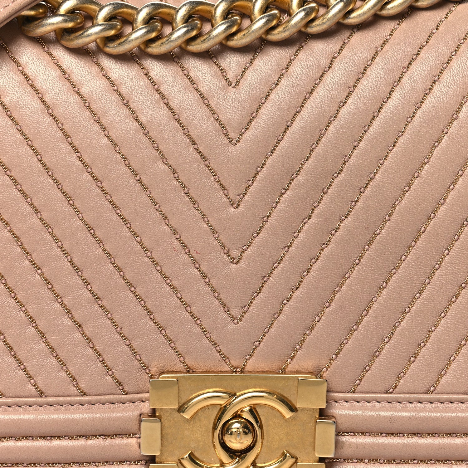 Lambskin Chevron Chain Stitched Medium Boy Flap Beige