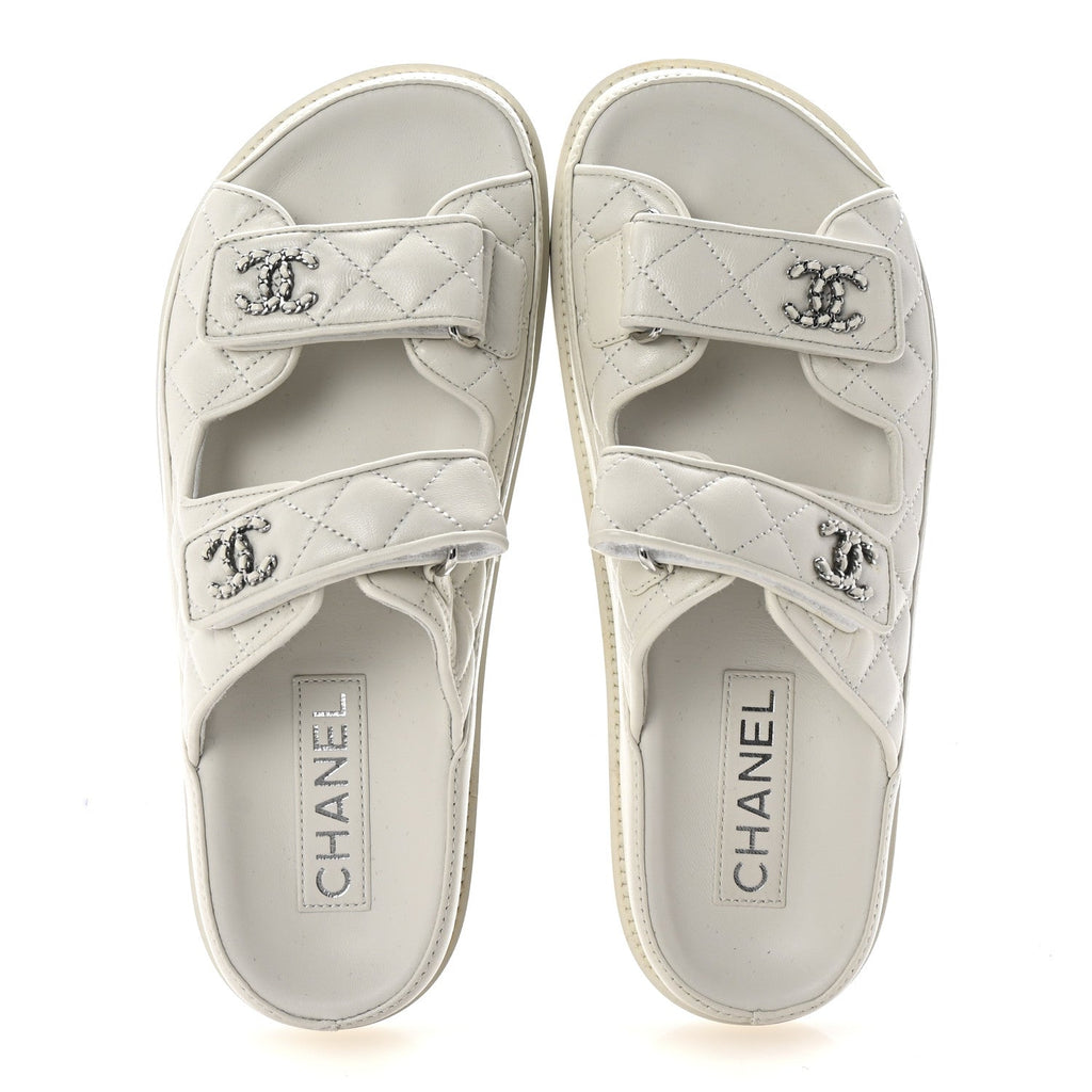 Lambskin Quilted Velcro Dad Chain CC Slide Sandals 37.5 White