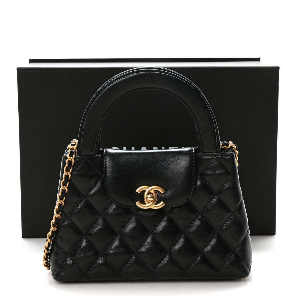 Shiny Aged Calfskin Quilted Nano Kelly Shopper Black